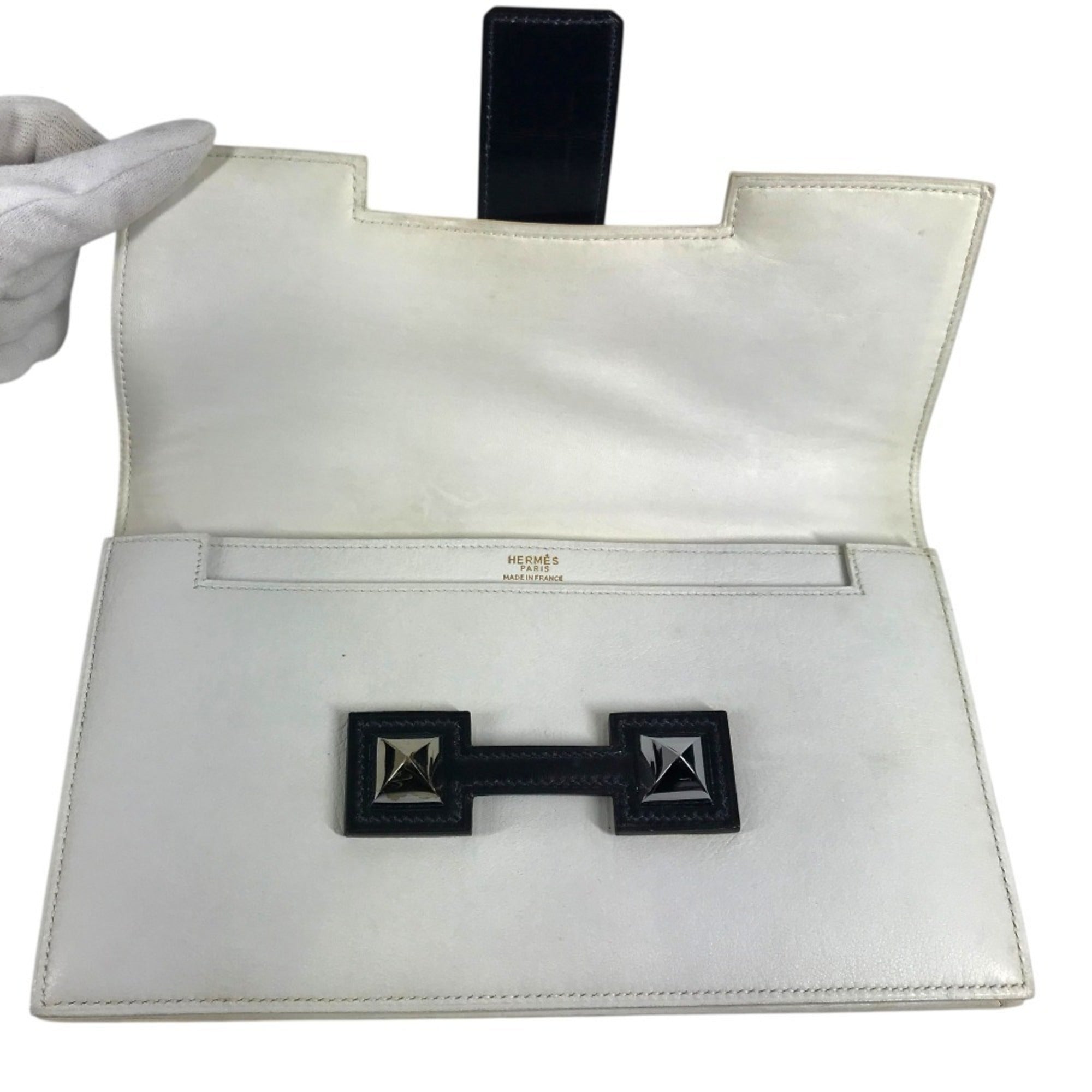 Hermes Navy White Leather Clutch Bag Pouch (Pre-Owned)