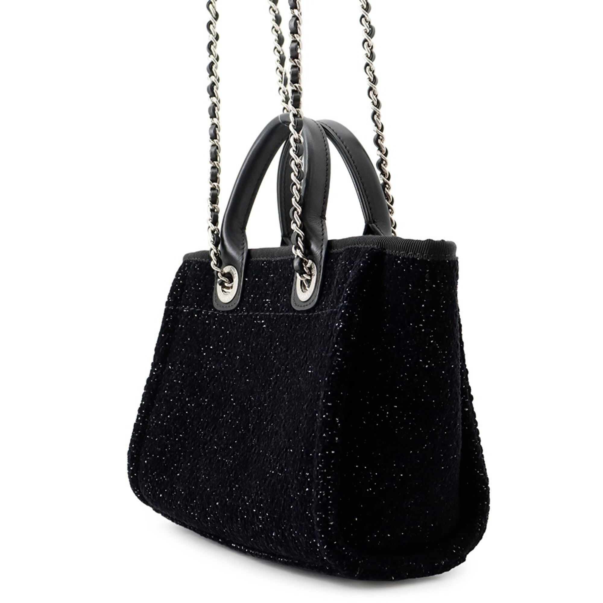 Chanel Black Canvas Leather Handbag Shoulder Bag Tote Bag (Pre-Owned)