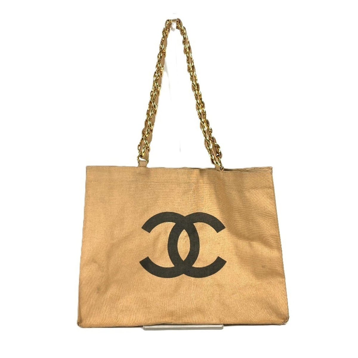 Chanel Beige Black Canvas Shoulder Bag Tote Bag (Pre-Owned)