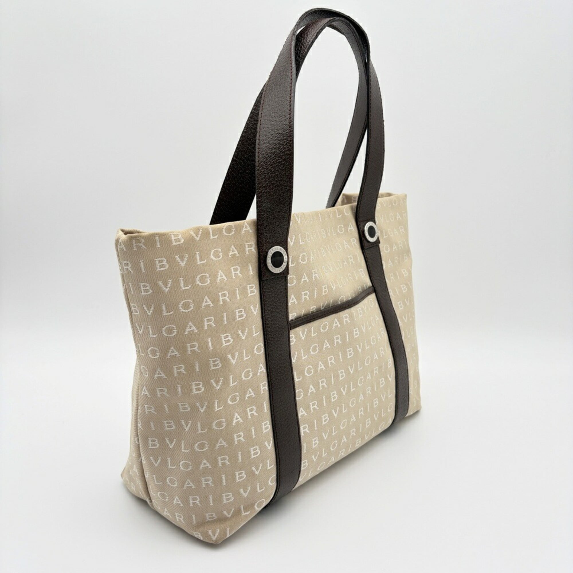 Bvlgari Beige Brown Canvas Leather Tote Bag (Pre-Owned)