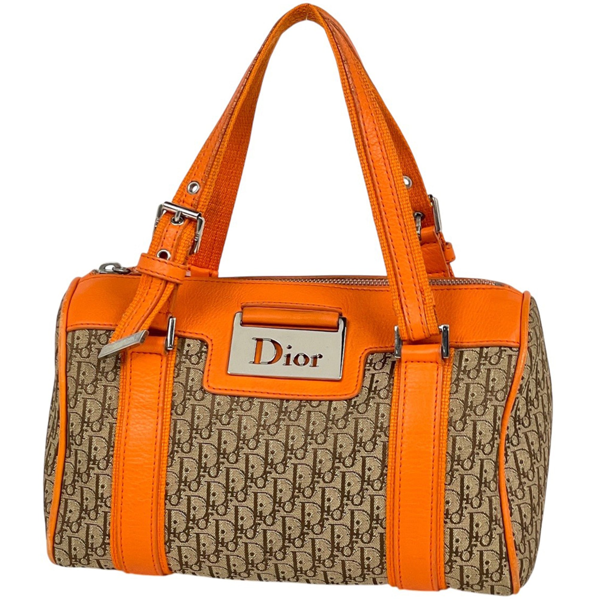 Christian Dior Beige Orange Canvas Leather Handbag (Pre-Owned)