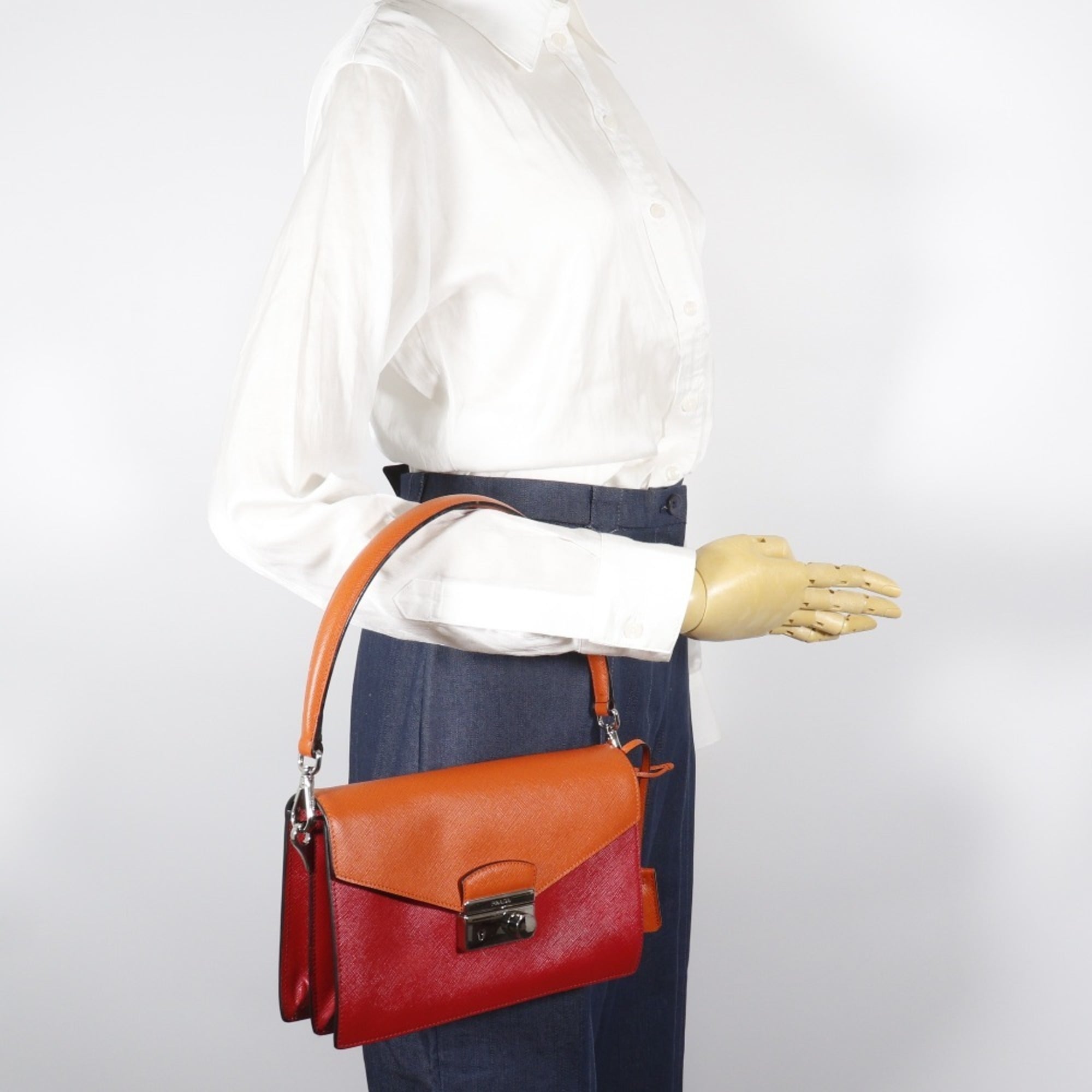 Prada Saffiano Orange Red Color Saffiano Clutch Bag Shoulder Bag (Pre-Owned)