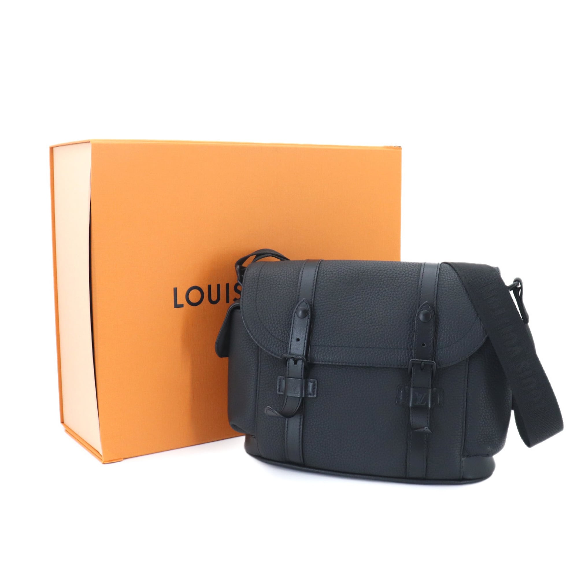 Louis Vuitton Noir Leather Messenger Bag Shoulder Bag (Pre-Owned)
