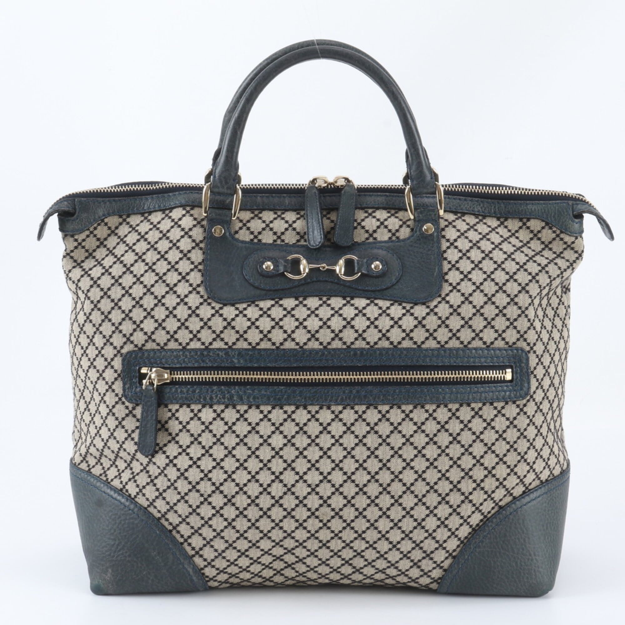 Gucci Diamante Beige Navy Leather Canvas Handbag Tote Bag (Pre-Owned)
