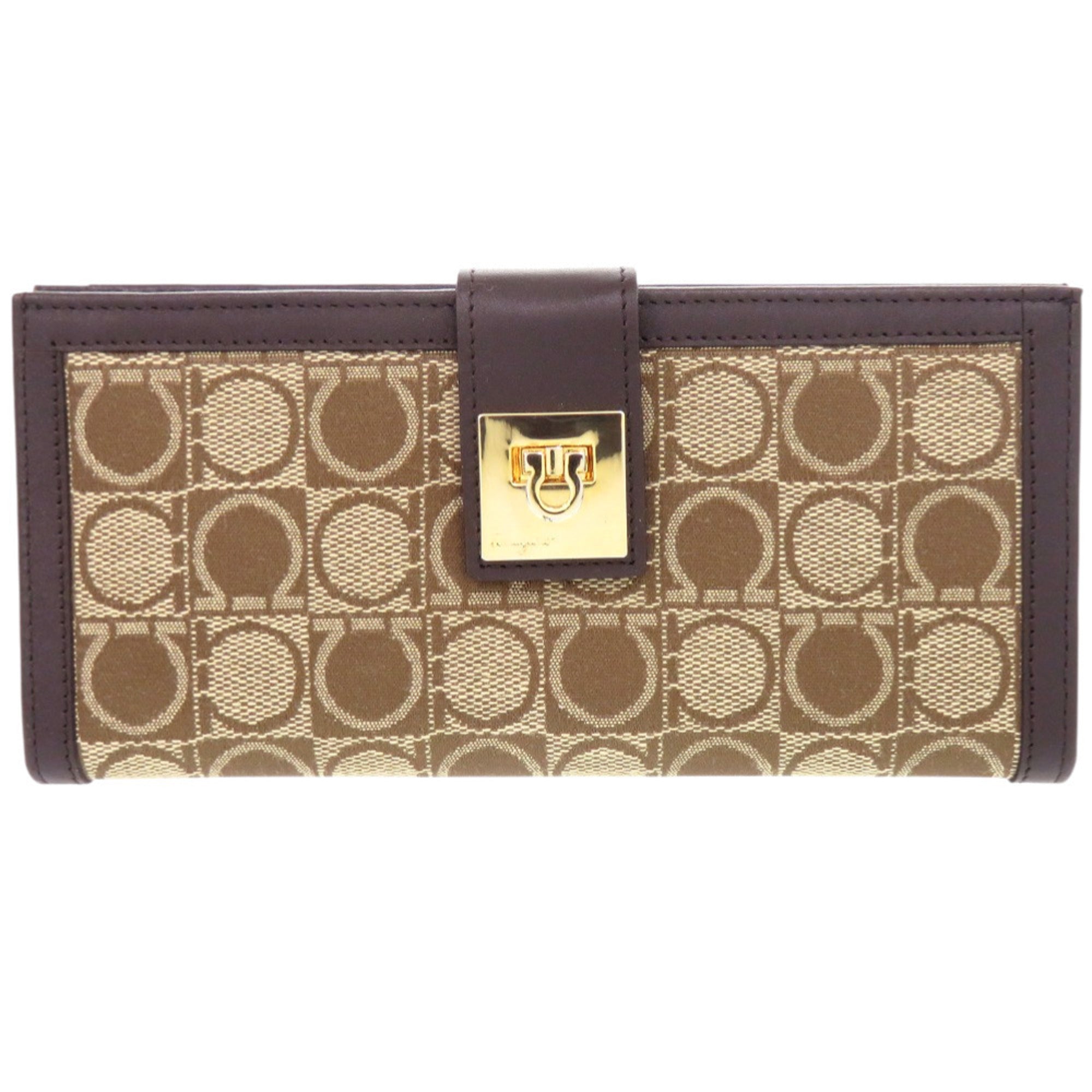 Salvatore Ferragamo Beige Brown Jacquard Leather Long Wallet (Tri-Fold) (Pre-Owned)