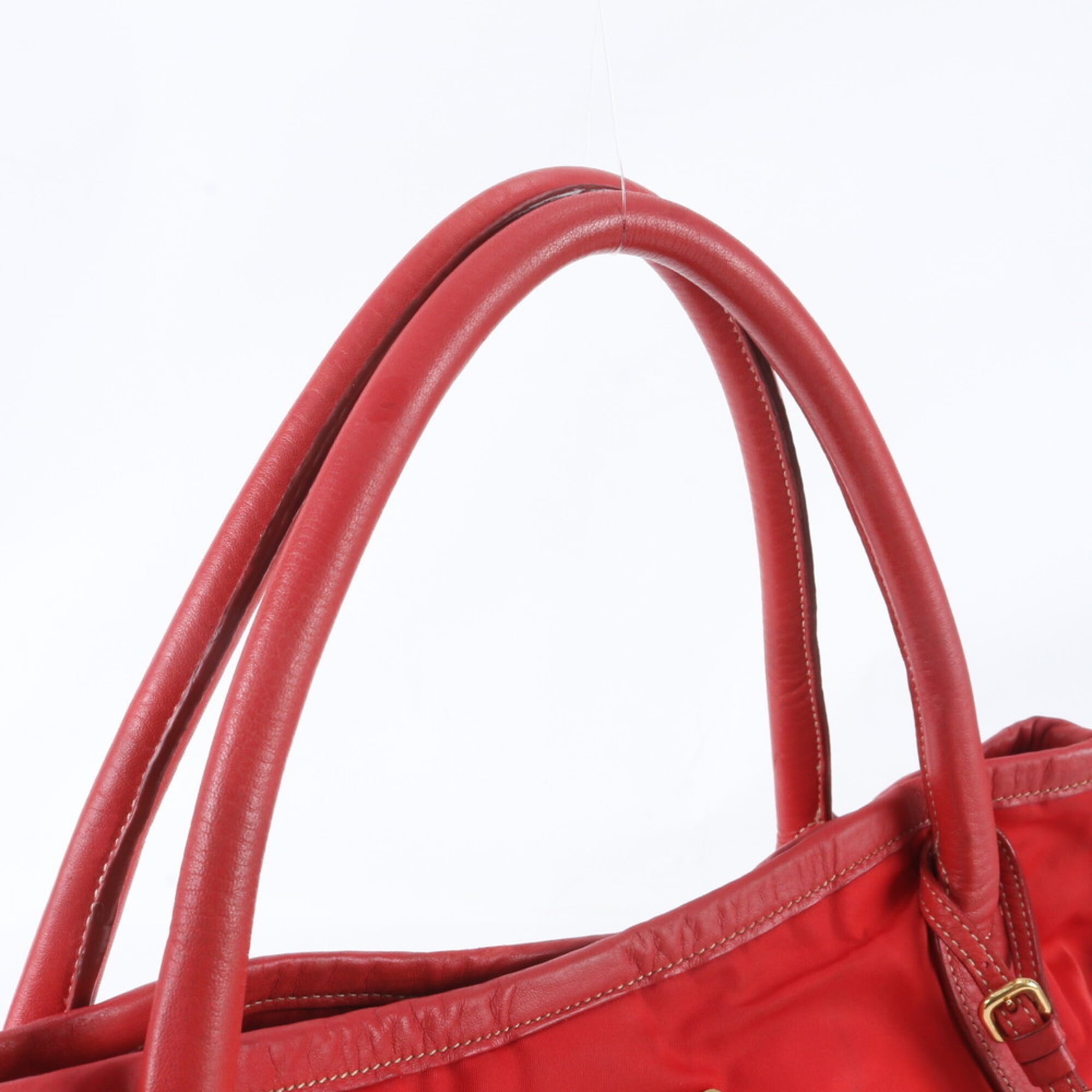 Prada Red Color Nylon Leather Shoulder Bag Tote Bag (Pre-Owned)