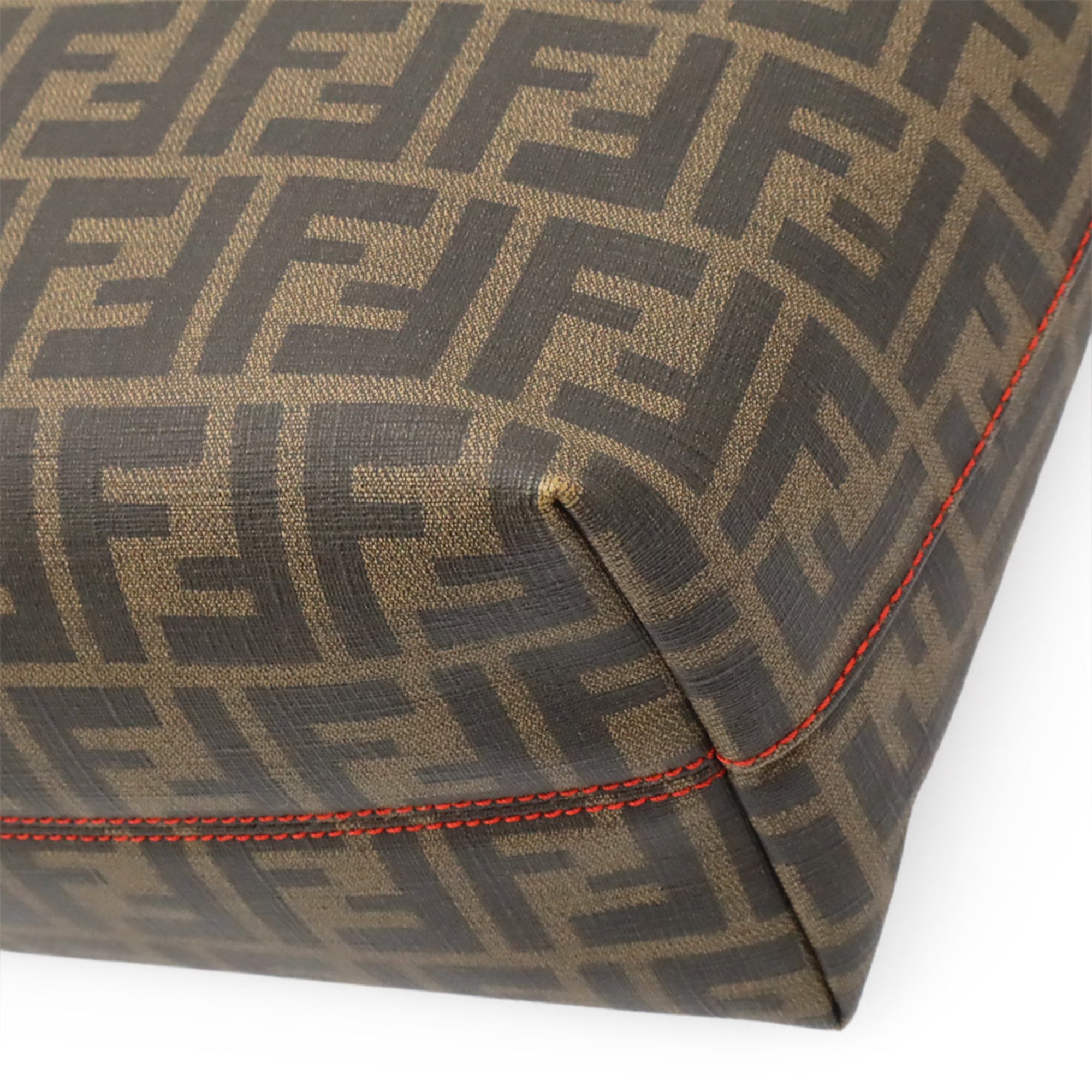 Fendi Dark Brown Khaki Brown Red Color Coated Canvas Leather Shoulder Bag Tote Bag (Pre-Owned)