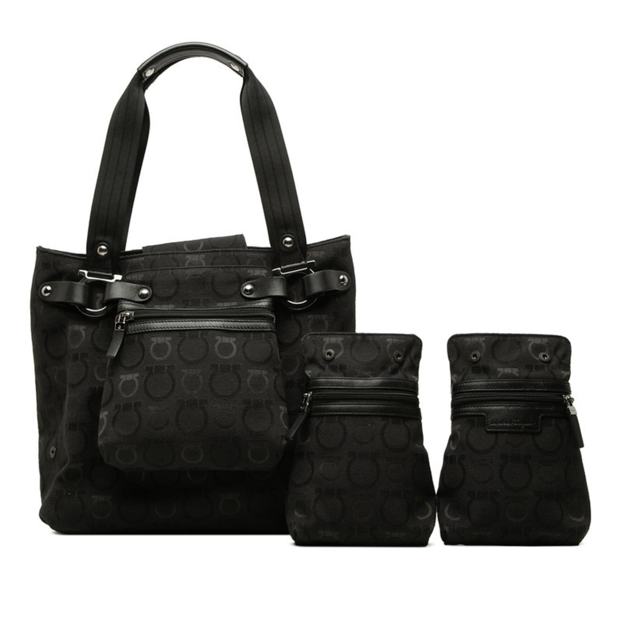 Salvatore Ferragamo Black Canvas Leather Handbag Pouch Tote Bag (Pre-Owned)