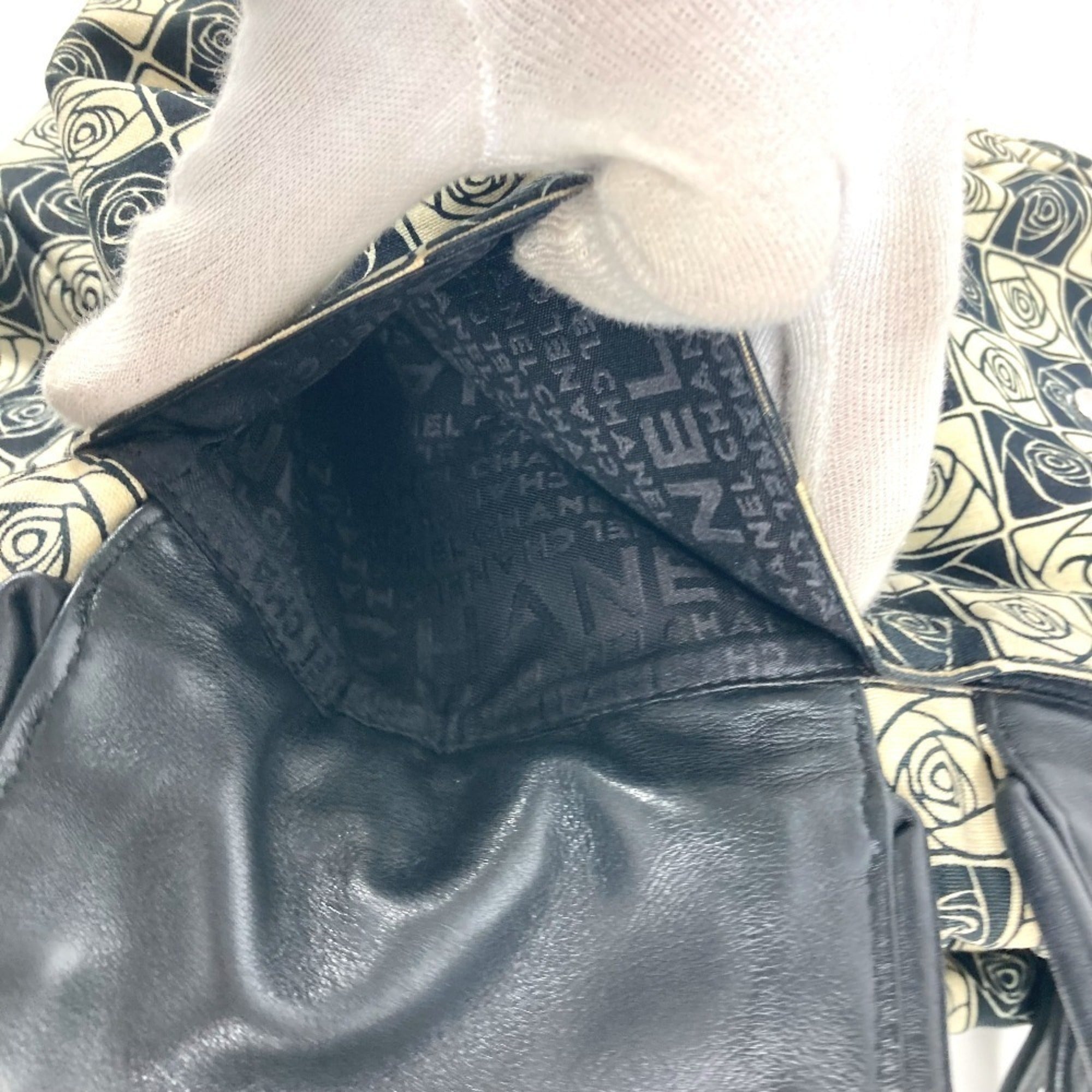 Chanel Beige Black Leather Canvas Shoulder Bag Tote Bag (Pre-Owned)