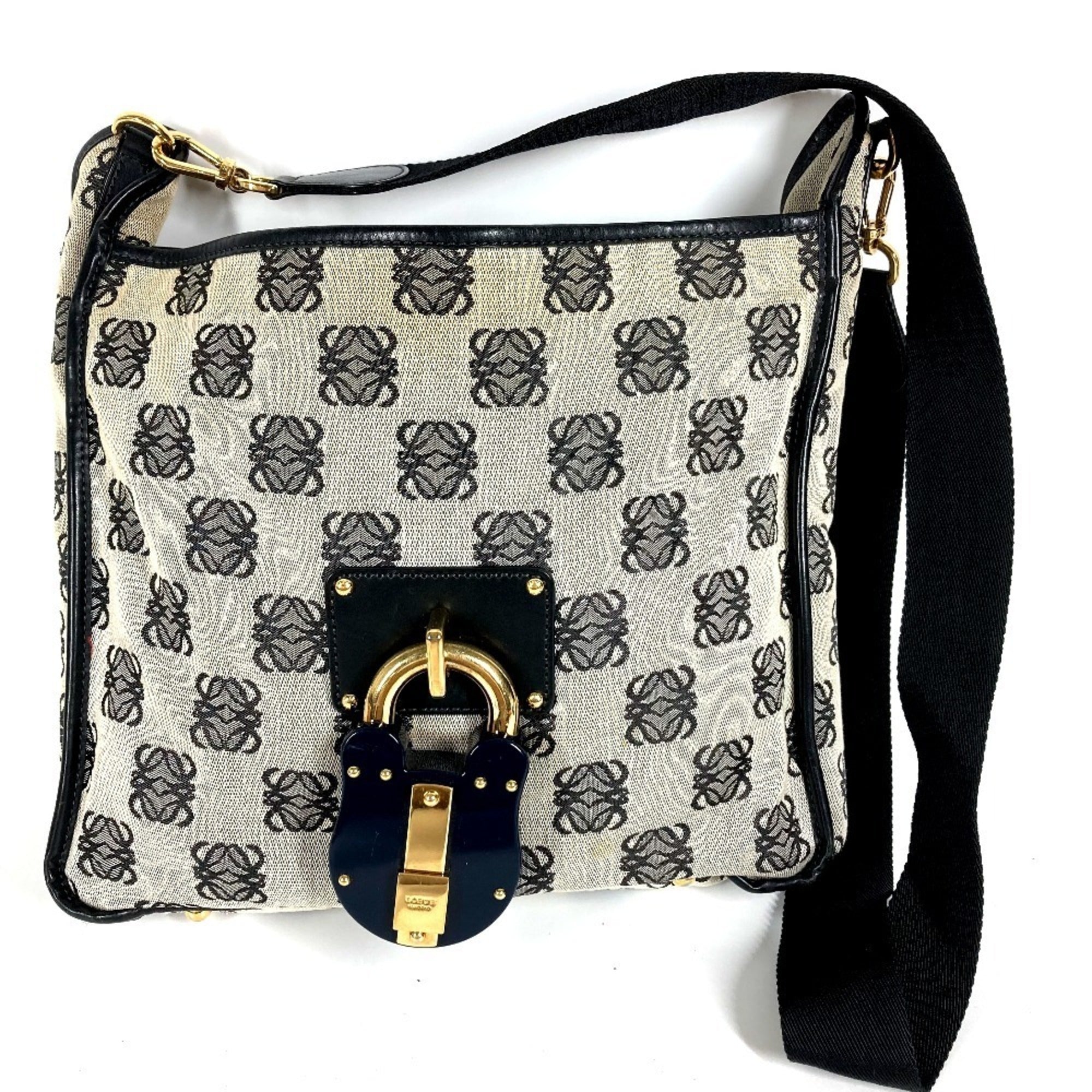 Loewe Black Gray Leather Canvas Shoulder Bag (Pre-Owned)