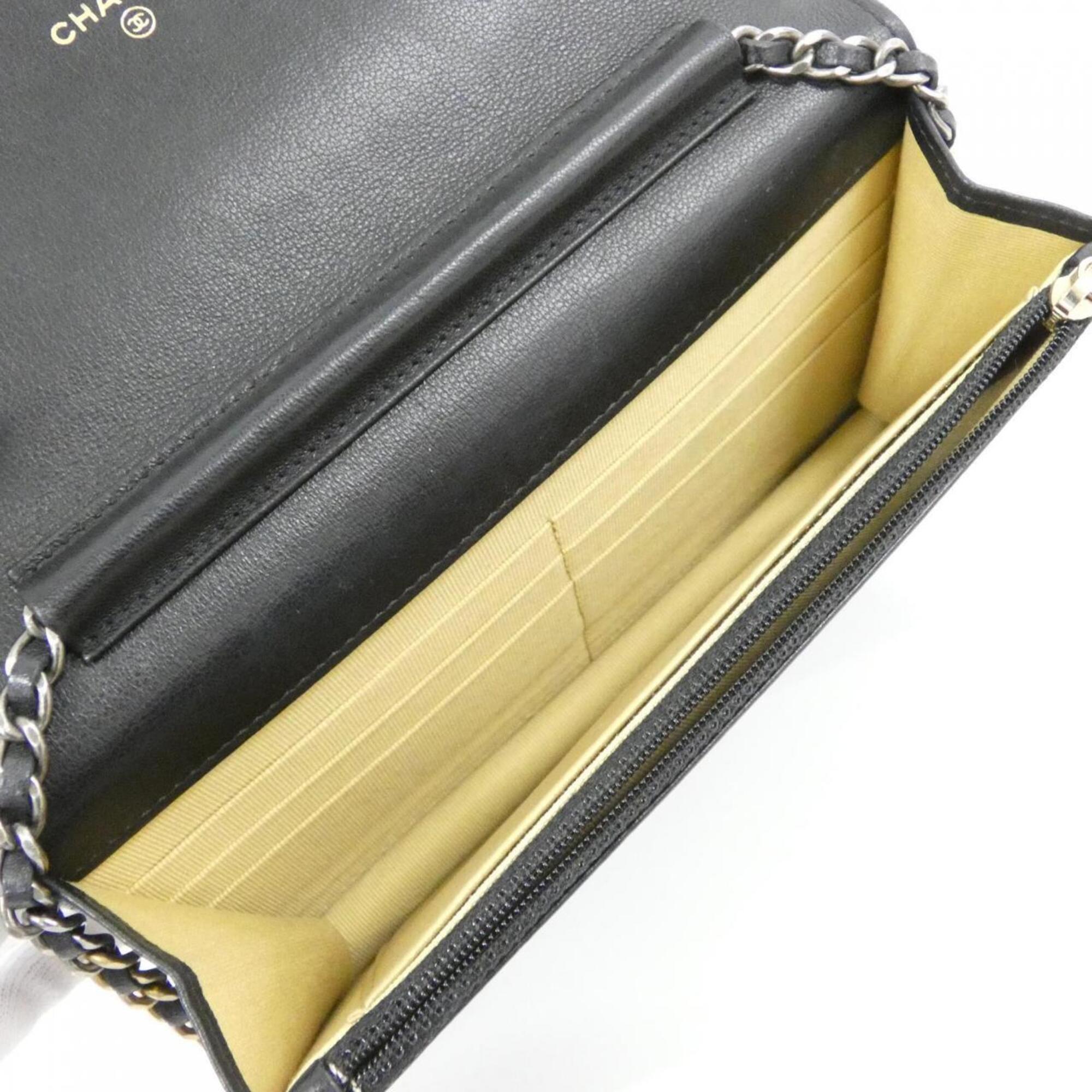Chanel Black Artificial Pearl Leather Chain/Shoulder Wallet (Pre-Owned)