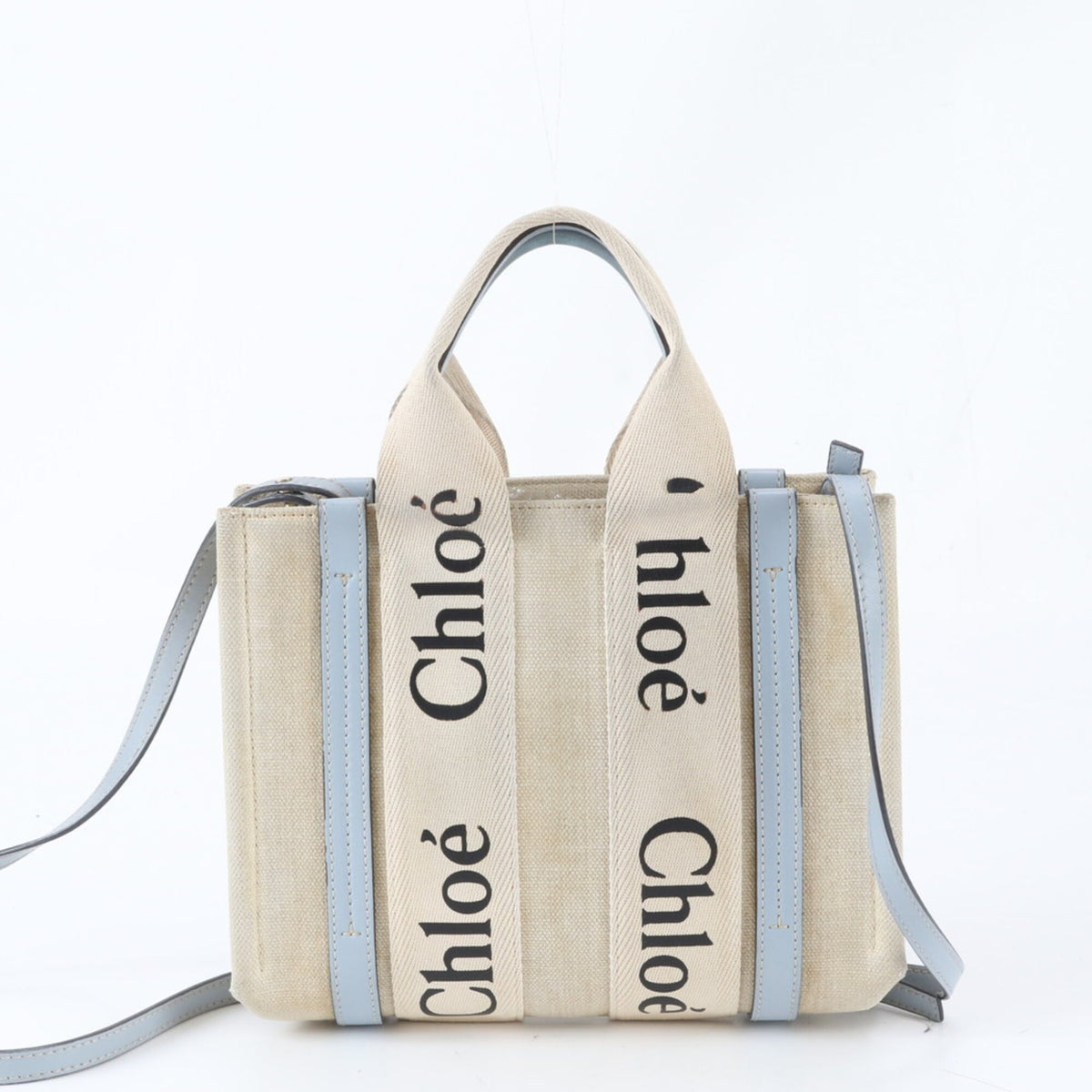 Chloé Beige Blue Canvas Leather Handbag Shoulder Bag Tote Bag (Pre-Owned)