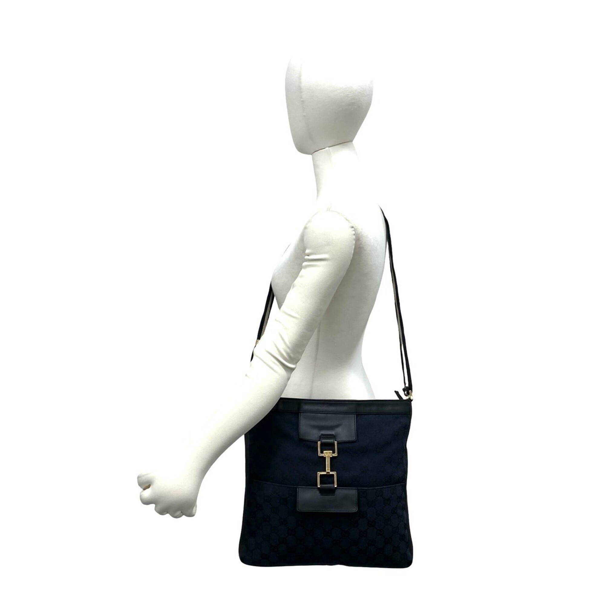 Gucci Black Navy Canvas Leather Shoulder Bag Tote Bag (Pre-Owned)
