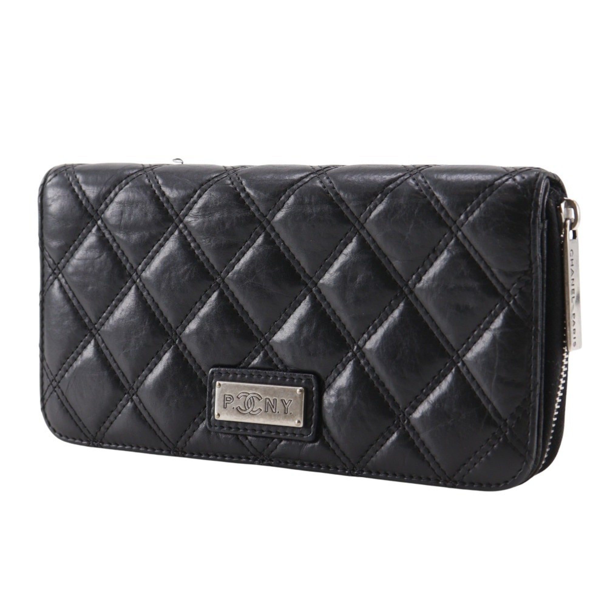 Chanel Matelasse Black Leather Long Wallet (Bi-Fold) (Pre-Owned)