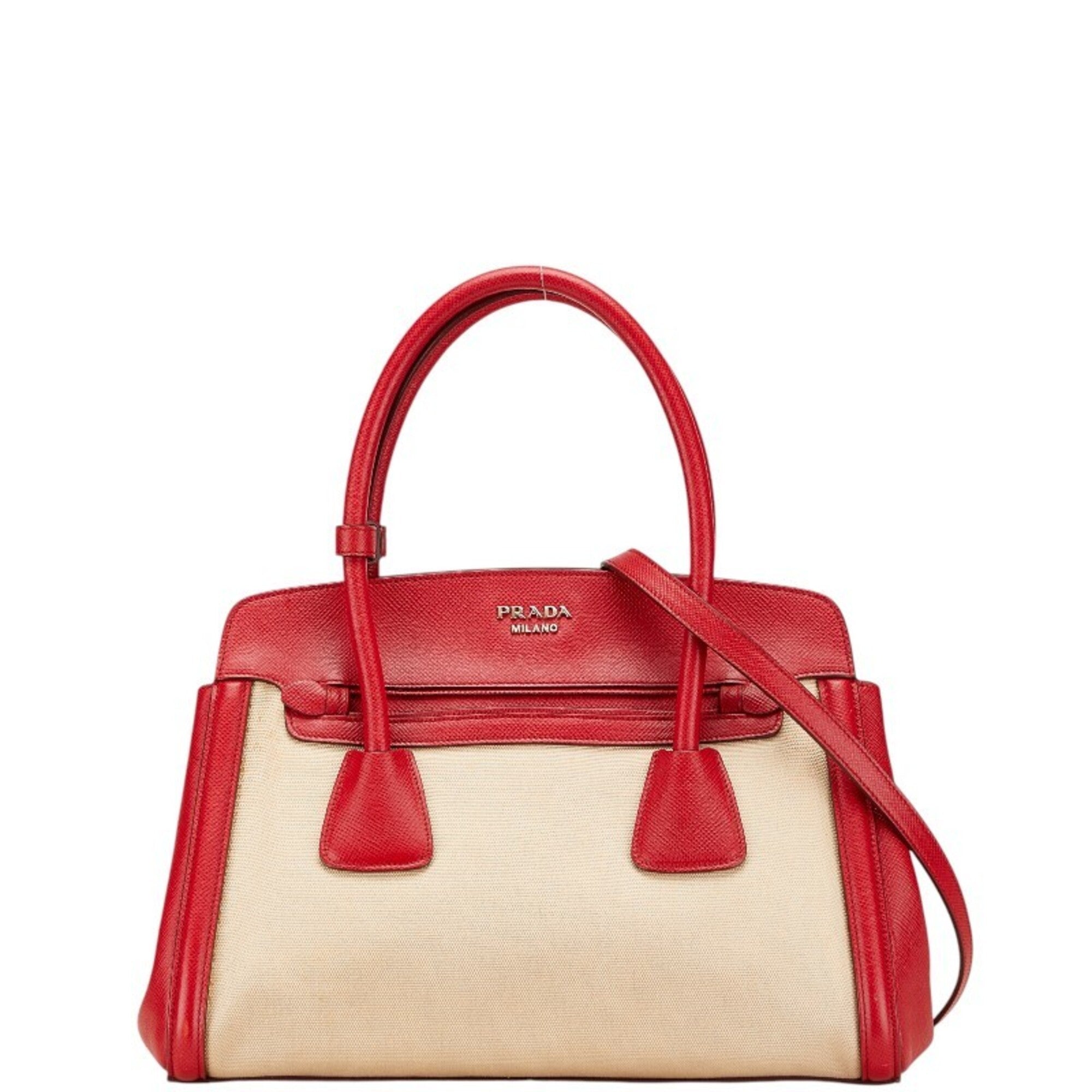 Prada Beige Red Color Canvas Leather Handbag Shoulder Bag (Pre-Owned)