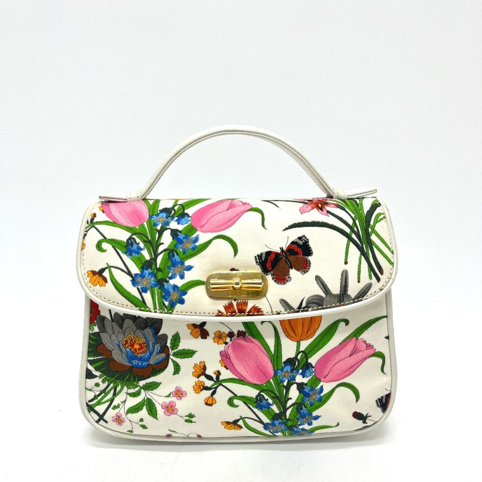 Gucci Flora Multi-Color White Canvas Leather Handbag (Pre-Owned)