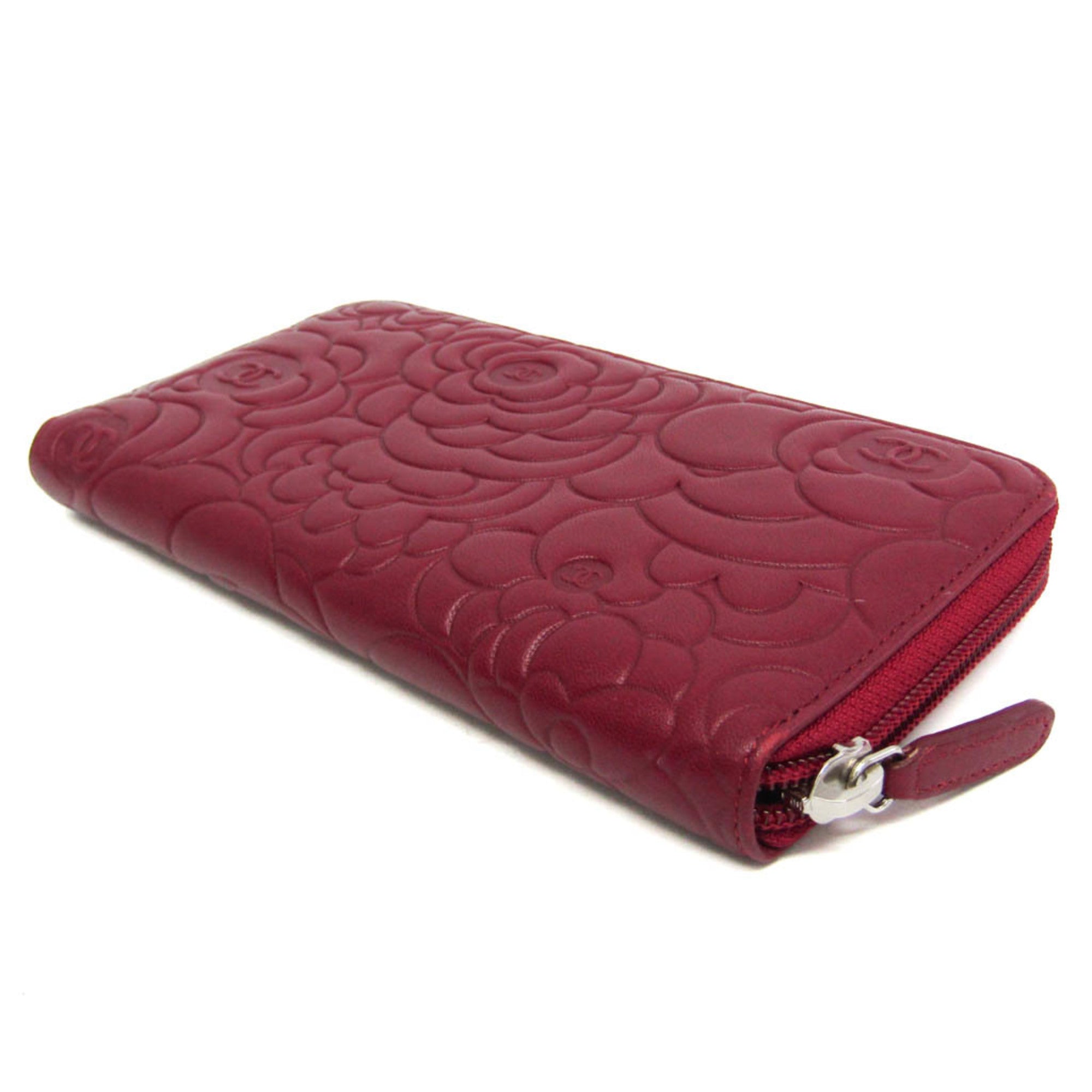 Chanel Camellia Zip Around Organizer Leather Burgundy Leather Wallets Accessory (Pre-Owned)