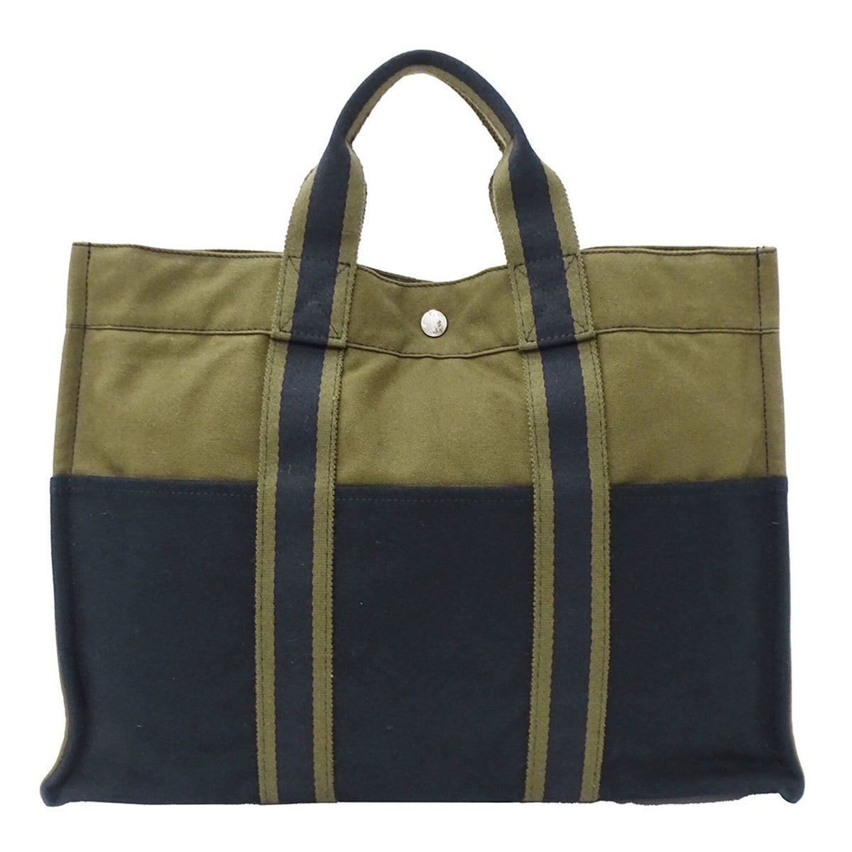 Hermes Green Khaki Navy Canvas Handbag Tote Bag (Pre-Owned)