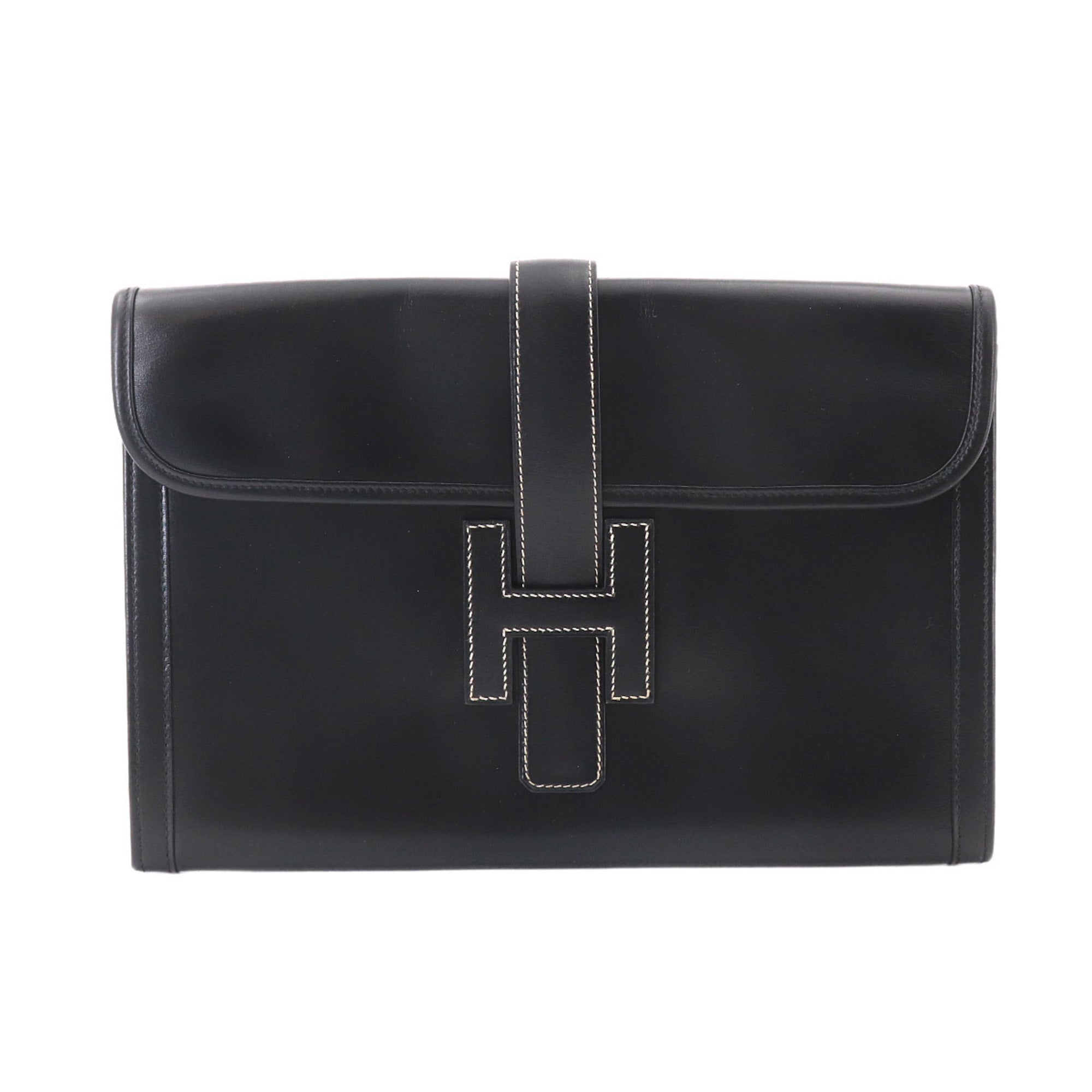 Hermes Jige Black Box Calf Leather Clutch Bag Handbag (Pre-Owned)