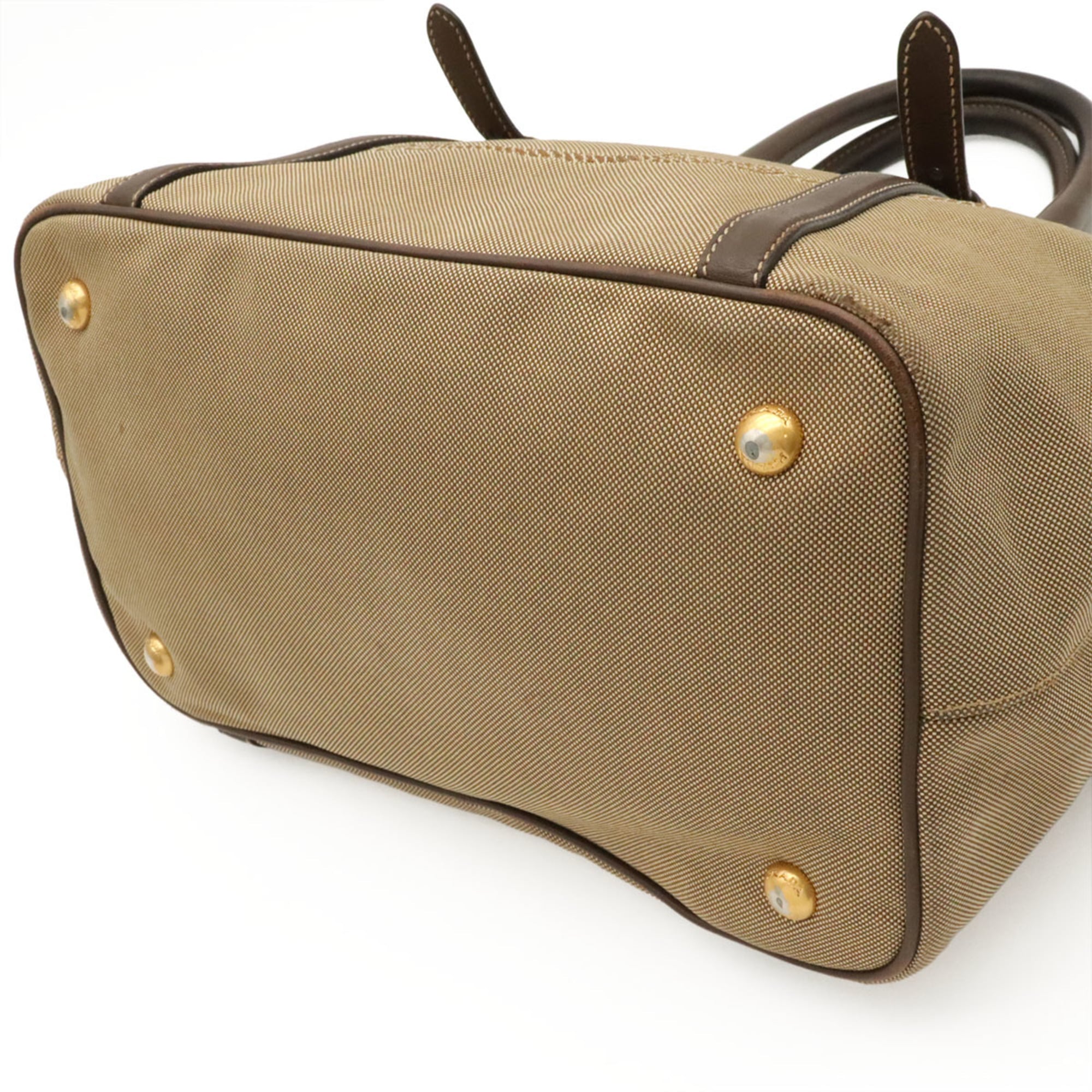 Prada Beige Brown Khaki Canvas Leather Handbag Shoulder Bag Tote Bag (Pre-Owned)