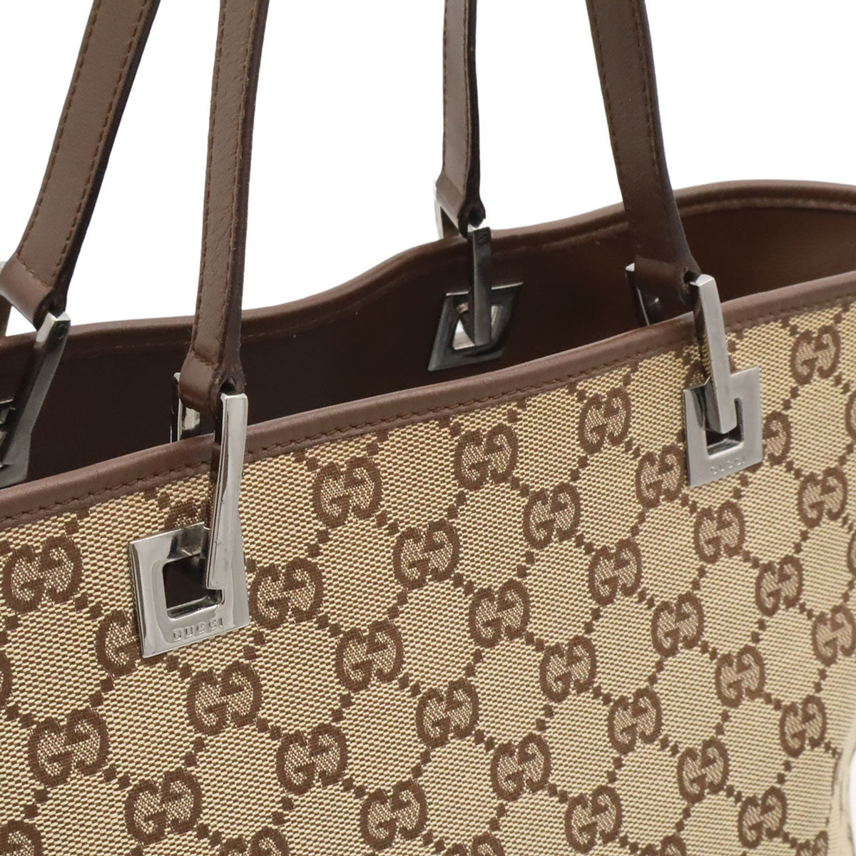 Gucci Gg Canvas Beige Dark Brown Khaki Gg Canvas Leather Shoulder Bag Tote Bag (Pre-Owned)
