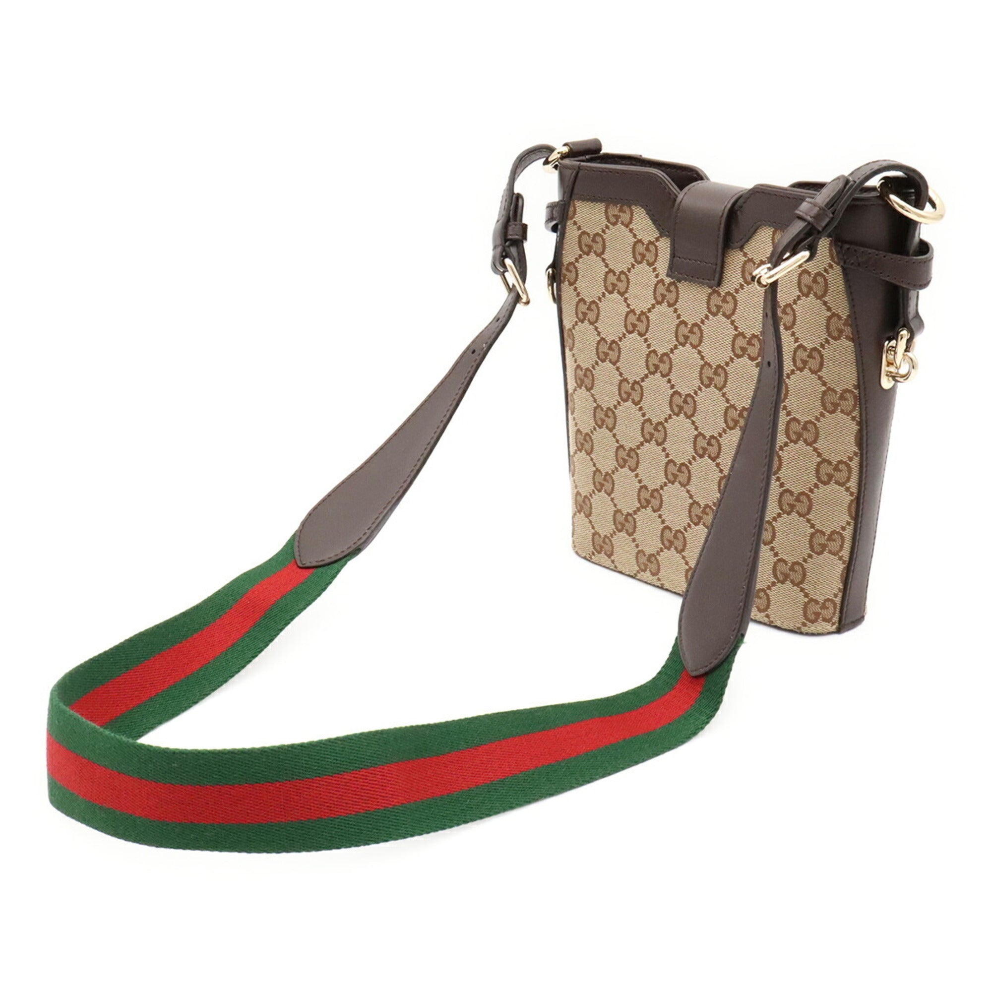 Gucci Beige Dark Brown Green Red Color Canvas Leather Shoulder Bag (Pre-Owned)