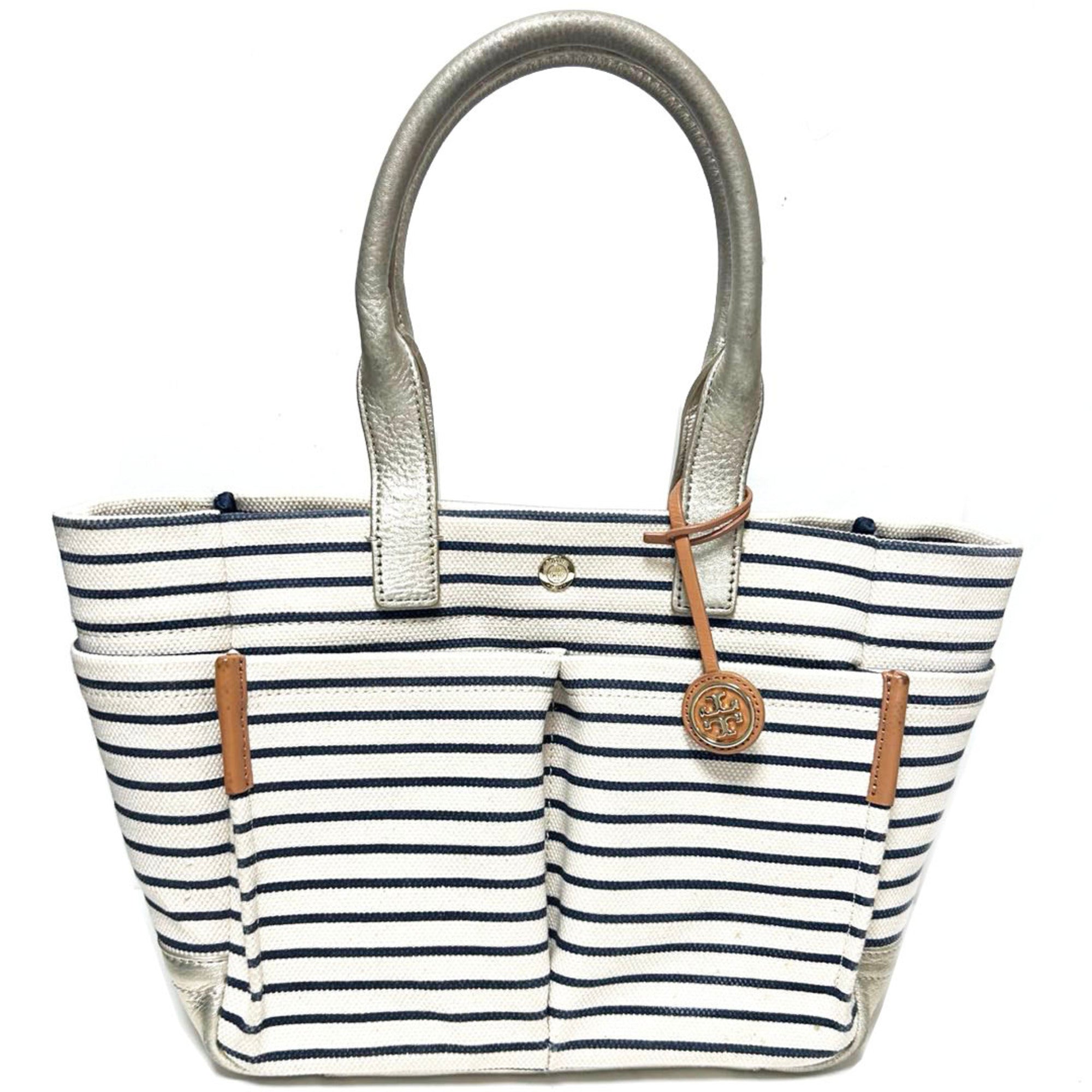 Tory Burch Navy White Canvas Leather Tote Bag (Pre-Owned)
