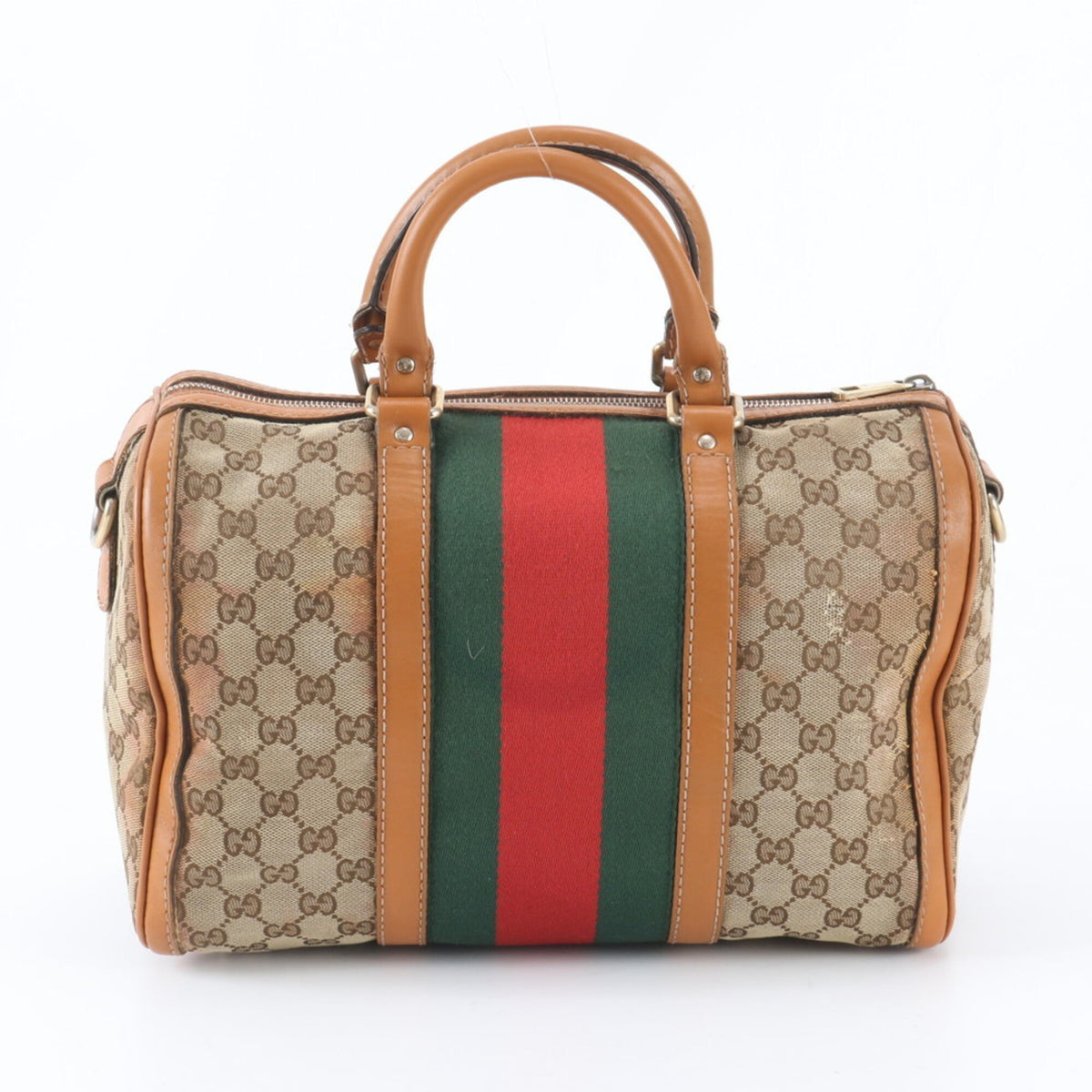 Gucci Brown Leather Canvas Boston Bag Handbag Tote Bag (Pre-Owned)
