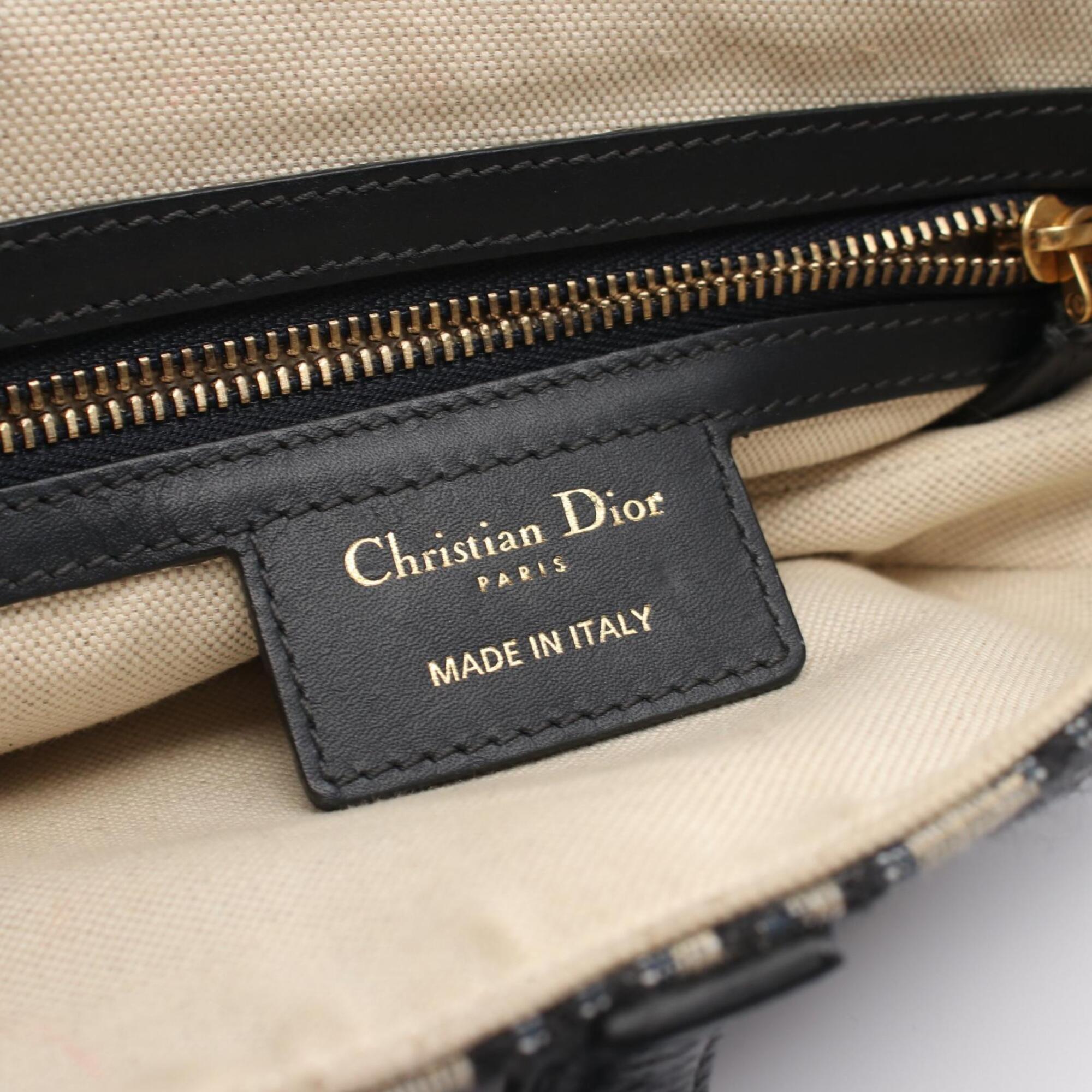 Christian Dior Beige Navy Canvas Leather Handbag Saddle Bag (Pre-Owned)