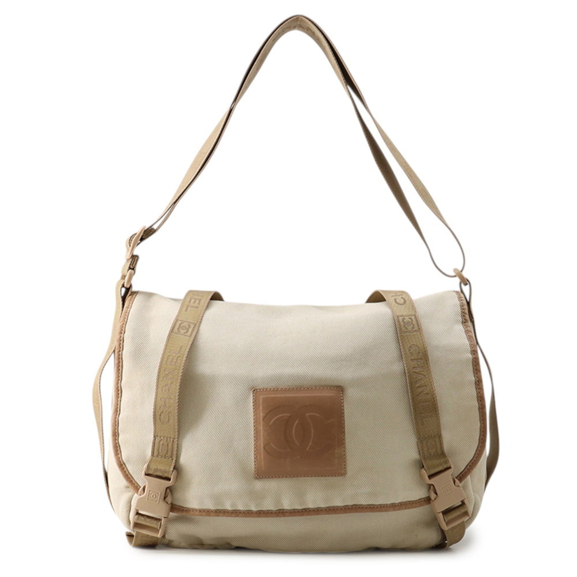 Chanel Beige Brown Ivory Canvas Leather Handbag Shoulder Bag (Pre-Owned)