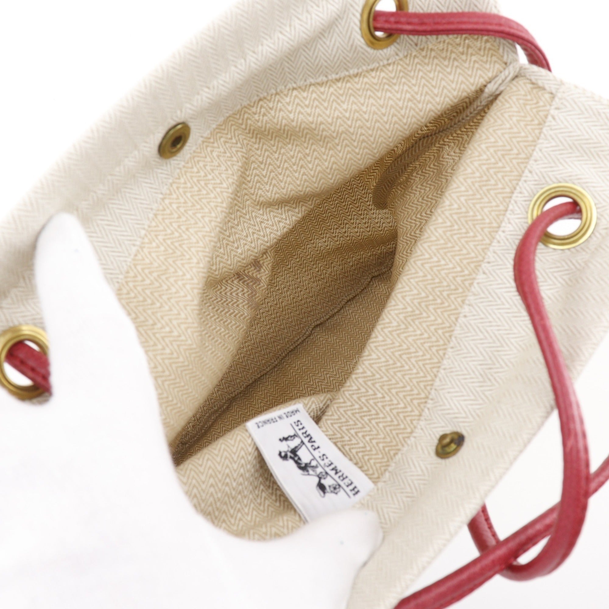 Hermes Ivory Red Color Toile Chevron Leather Shoulder Bag (Pre-Owned)