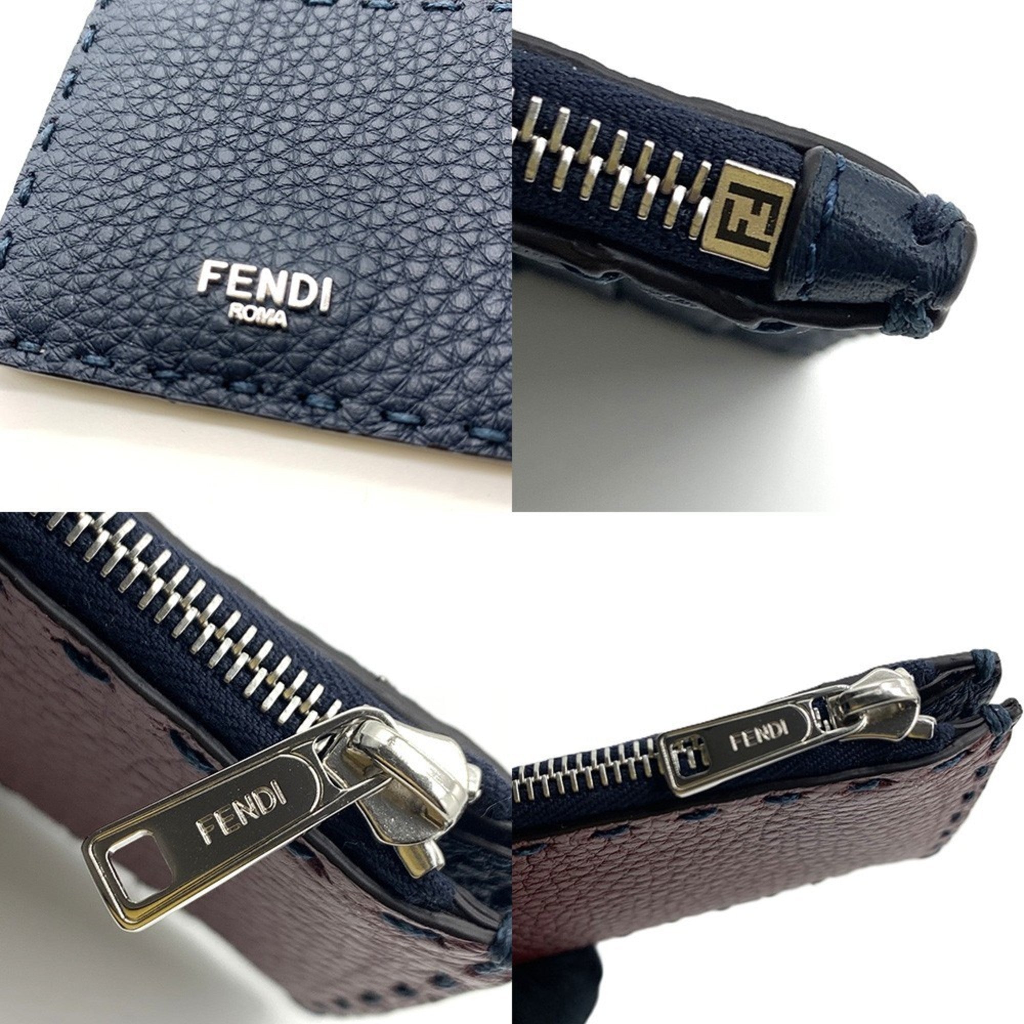Fendi Selleria Dark Blue Dark Red Leather Coin Purse/Coin Case (Pre-Owned)