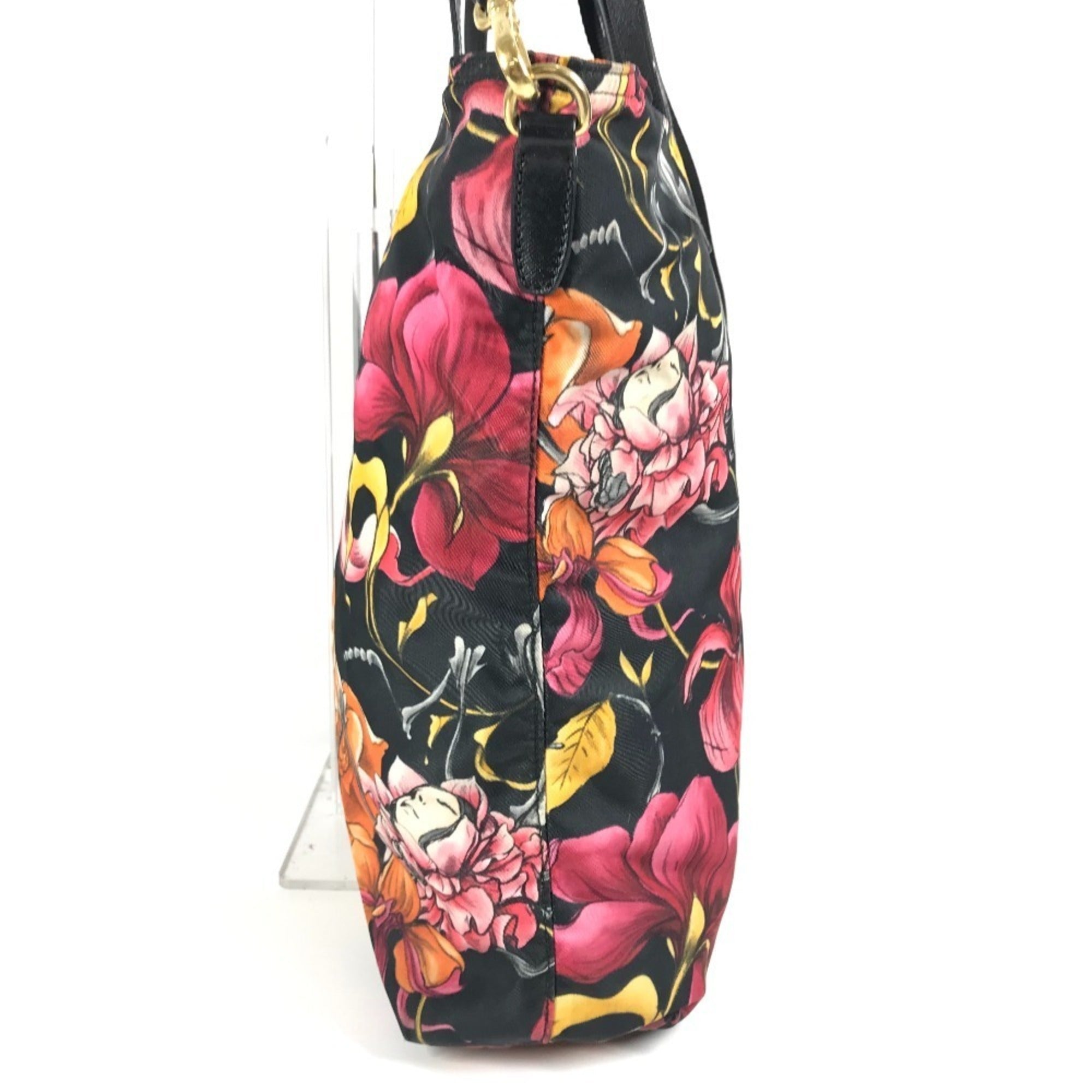 Prada Black Multi-Color Leather Nylon Handbag Shoulder Bag Tote Bag (Pre-Owned)