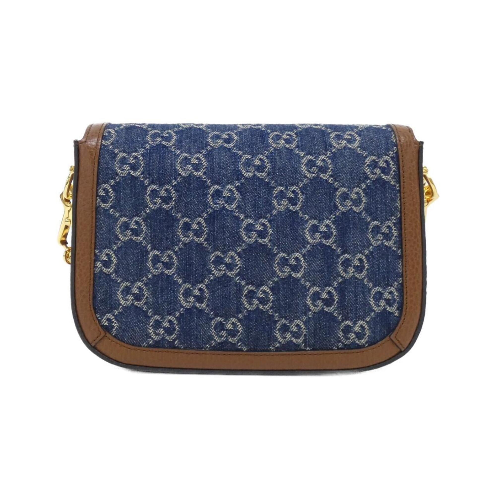Gucci Dark Blue Ivory Jacquard Denim Leather Shoulder Bag (Pre-Owned)