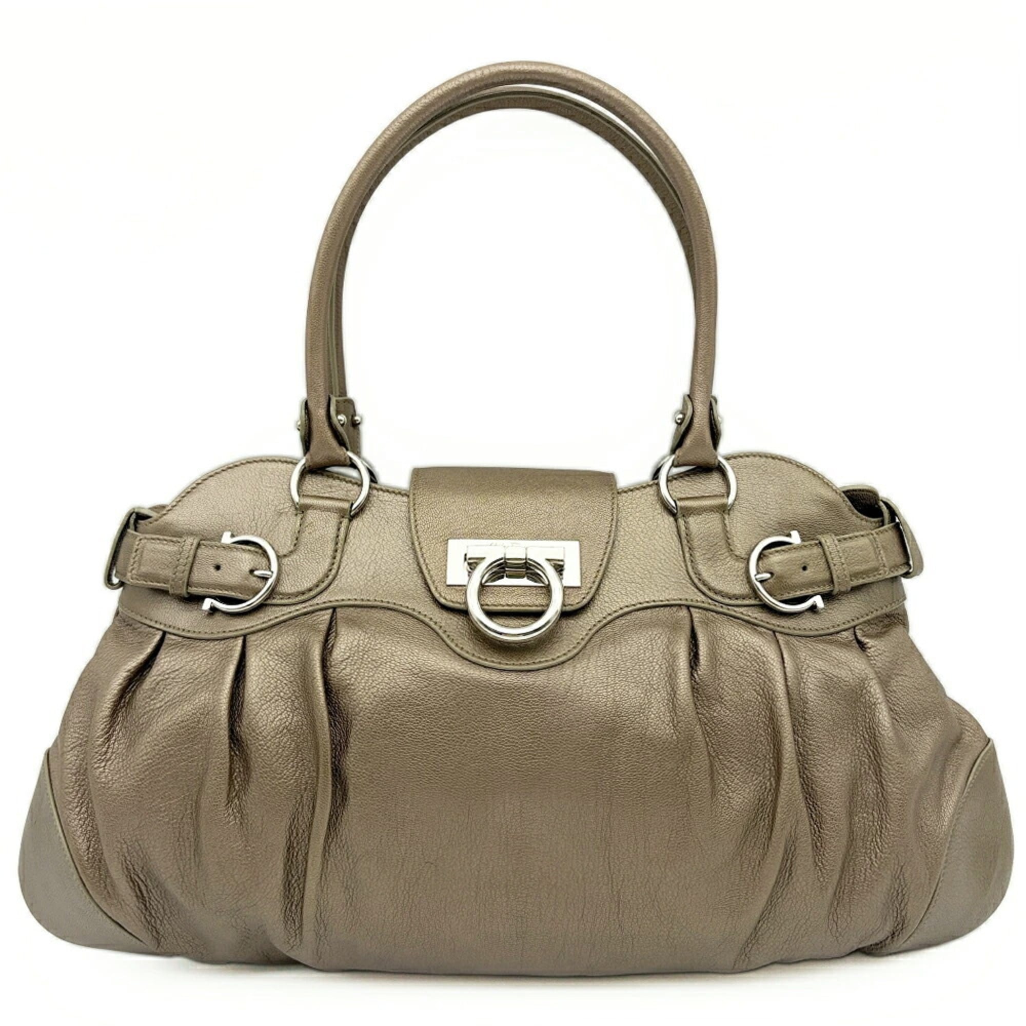 Salvatore Ferragamo Gancini Bronze Leather Handbag (Pre-Owned)