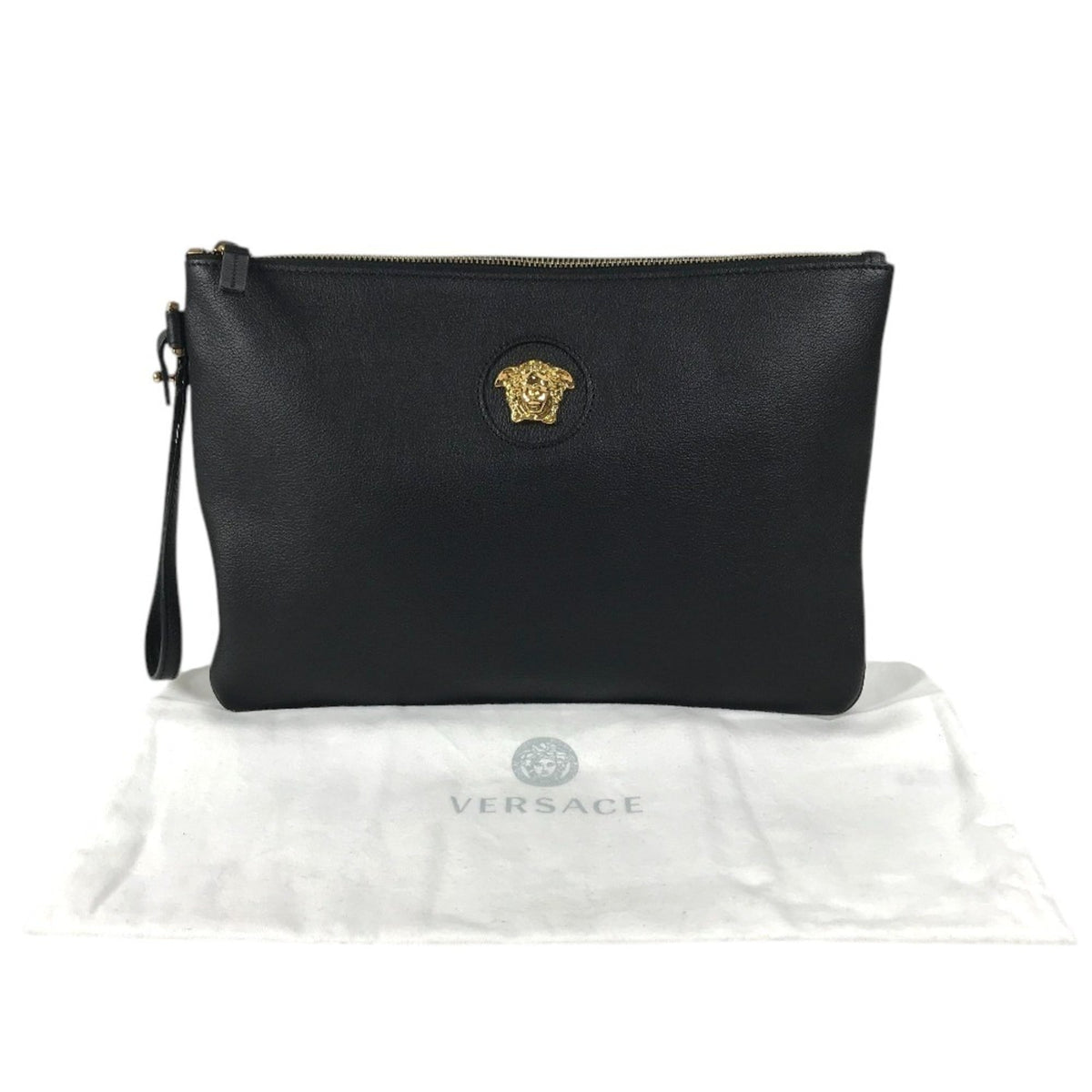 Versace Black Leather Clutch Bag Handbag (Pre-Owned)
