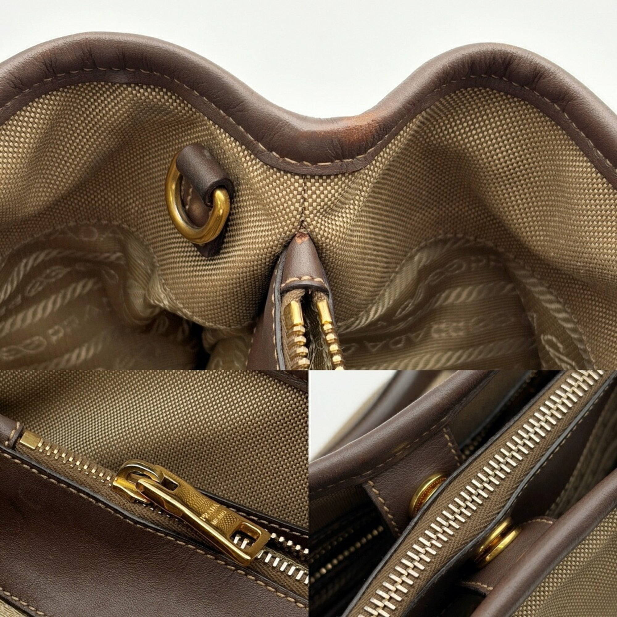Prada Beige Dark Brown Canvas Leather Tote Bag (Pre-Owned)
