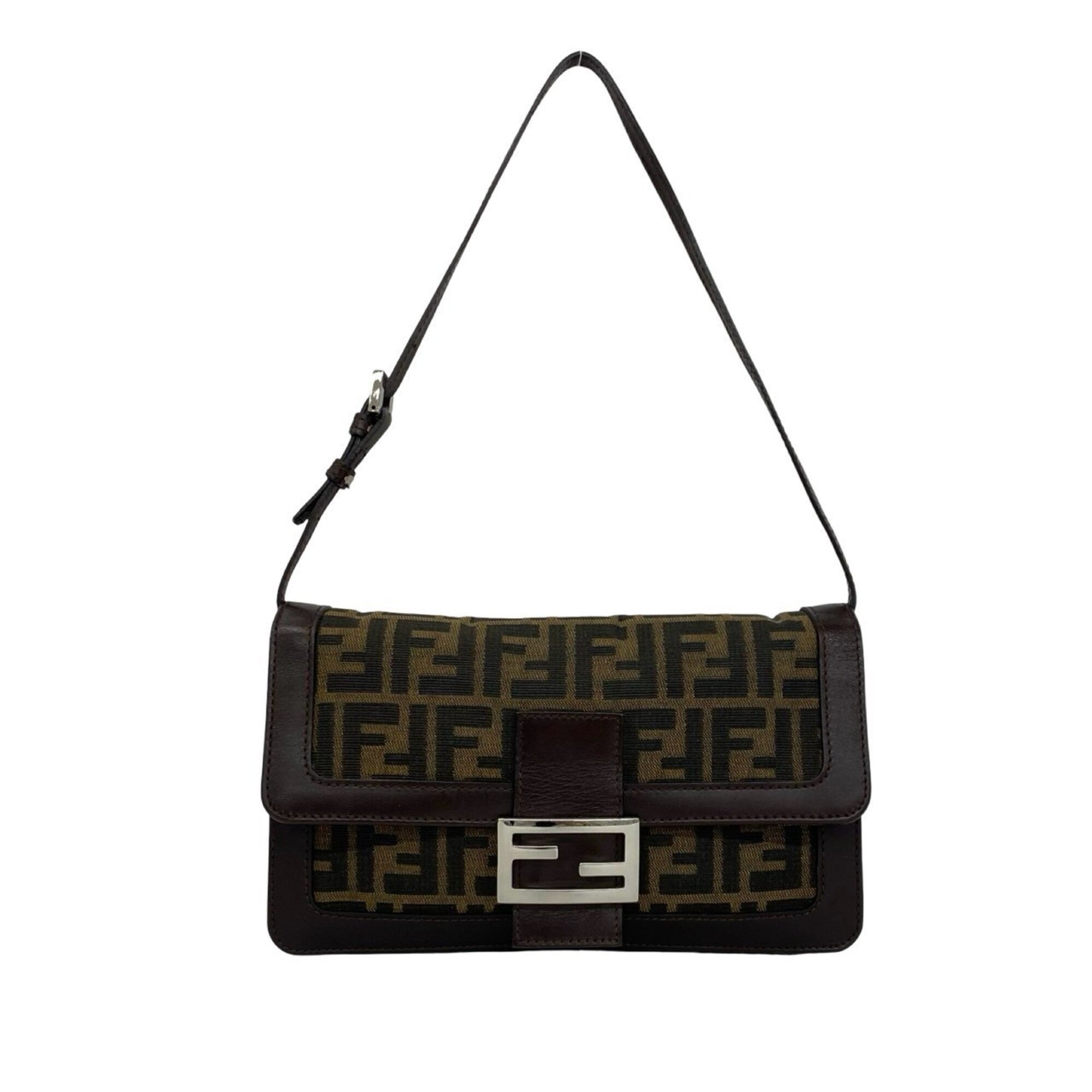 Fendi Black Brown Leather Canvas Shoulder Bag (Pre-Owned)