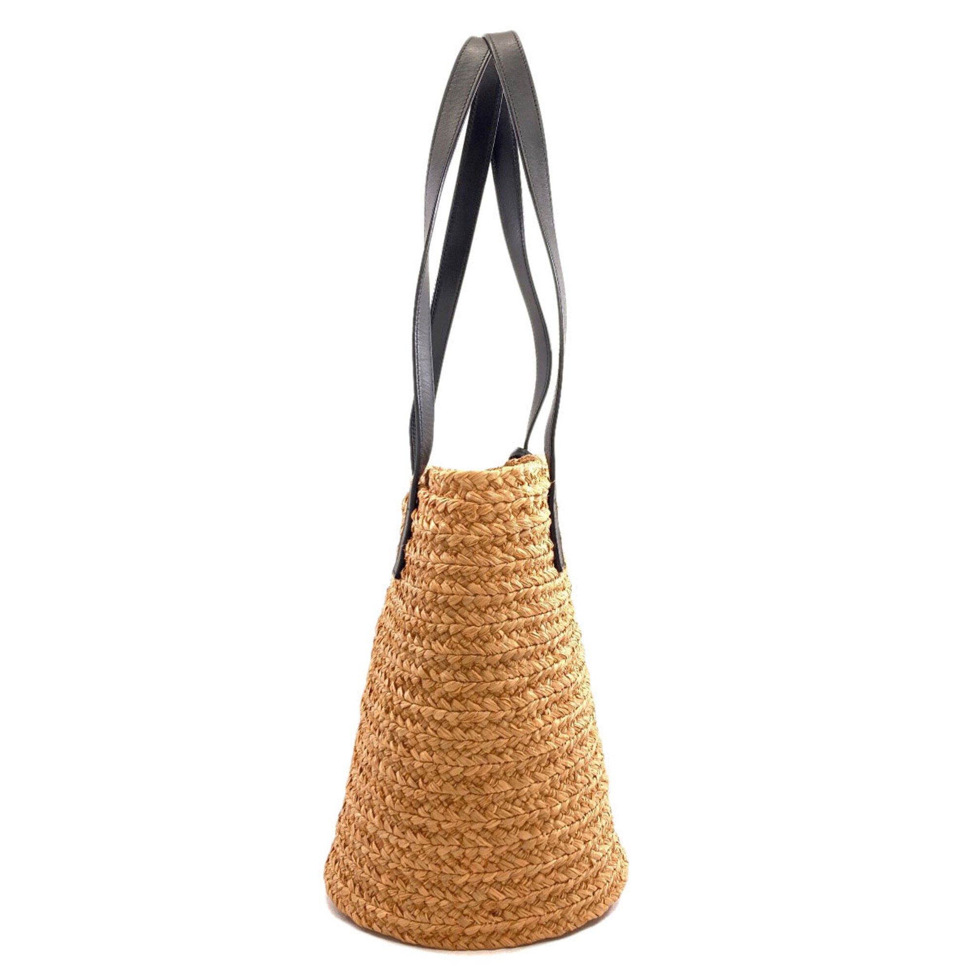 Yves Saint Laurent Black Brown Raffia Leather Tote Bag (Pre-Owned)
