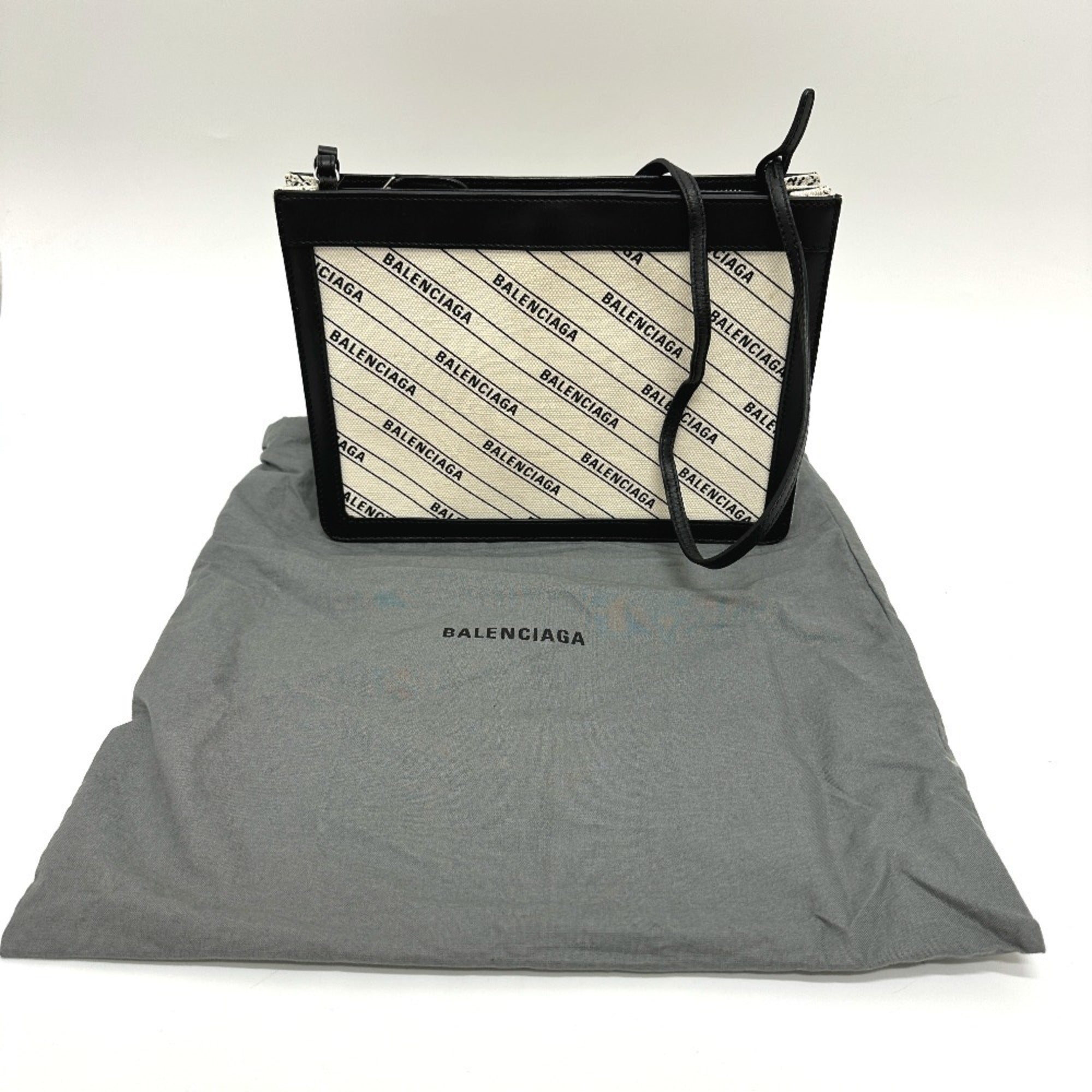 Balenciaga Black White Leather Canvas Pochette Shoulder Bag (Pre-Owned)