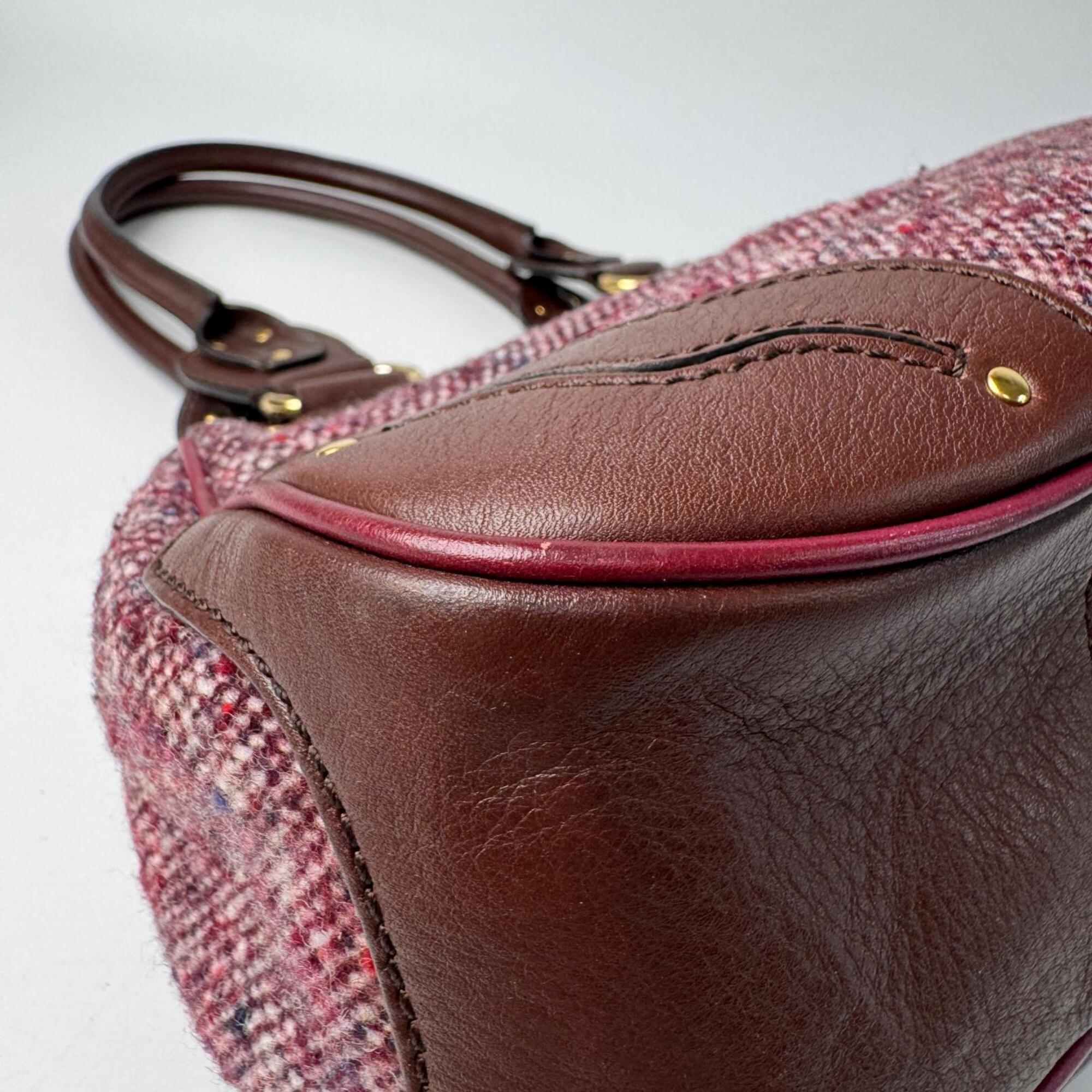Celine Bordeaux Brown Pink Tweed Leather Handbag (Pre-Owned)