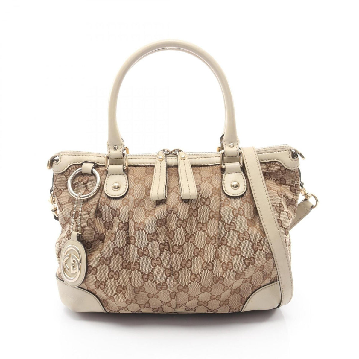 Gucci Beige Ivory Gg Canvas Leather Handbag (Pre-Owned)
