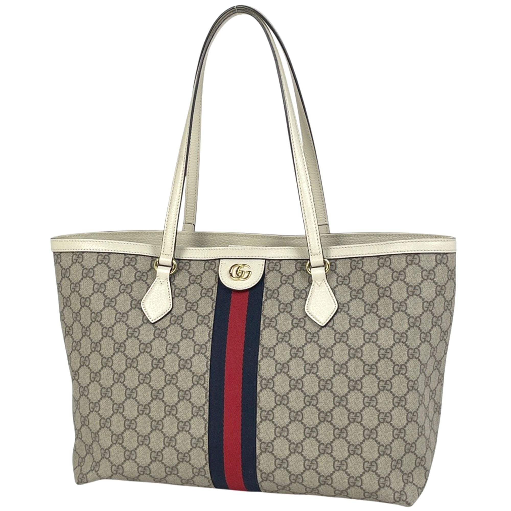 Gucci Beige White Coated Canvas Leather Tote Bag (Pre-Owned)