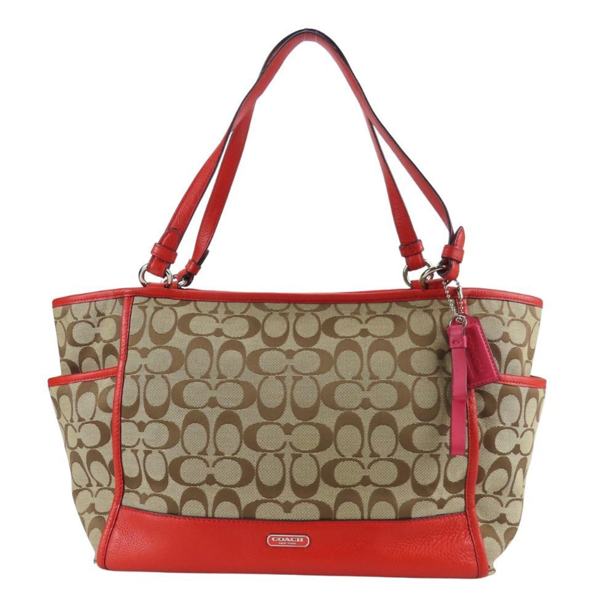 Coach Beige Red Color Canvas Leather Tote Bag (Pre-Owned)