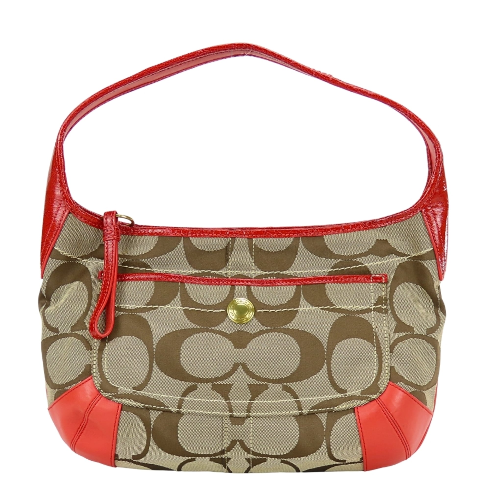 Coach Signature Beige Pink Red Color Canvas Leather Shoulder Bag (Pre-Owned)