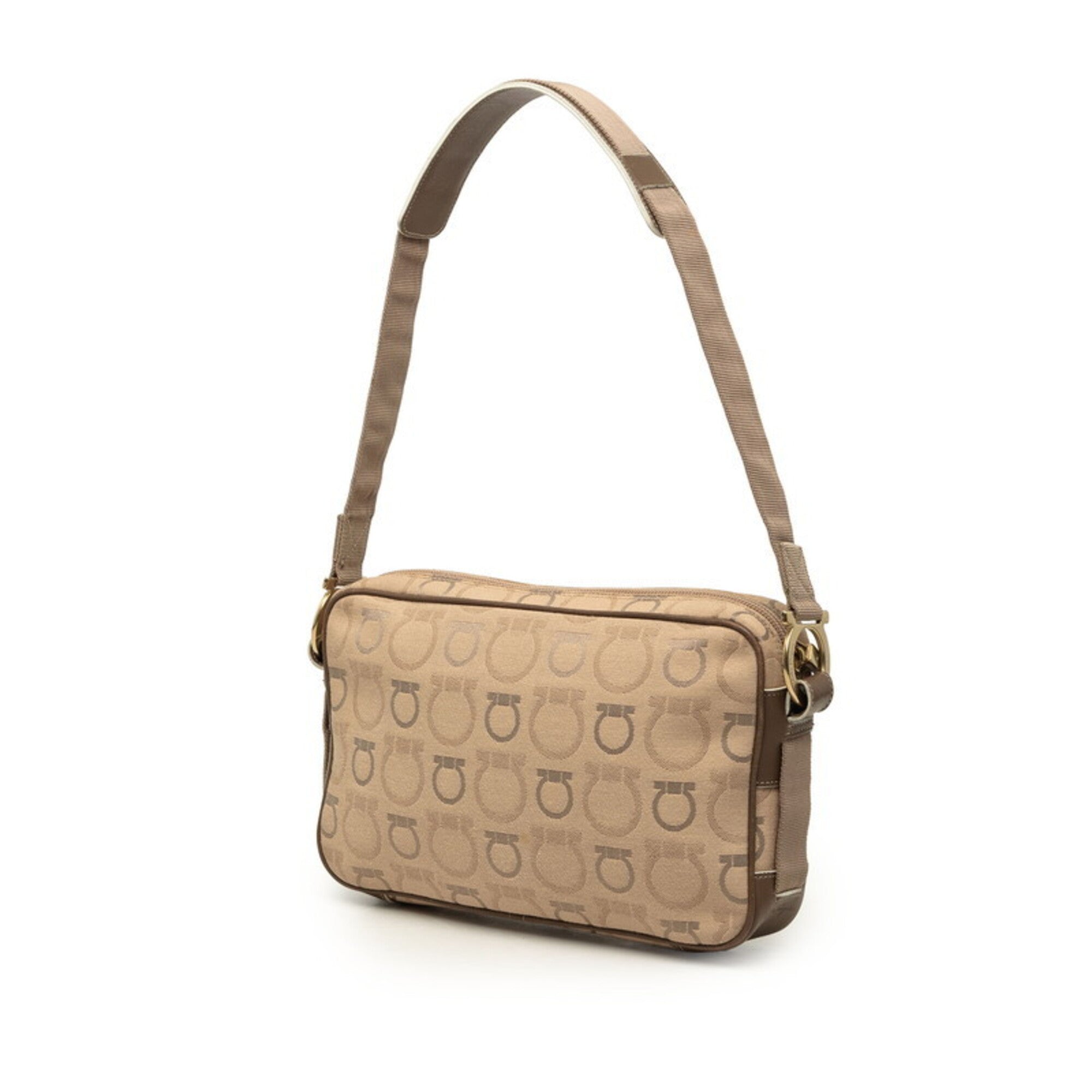 Salvatore Ferragamo Gancini Beige Brown Canvas Leather Shoulder Bag (Pre-Owned)