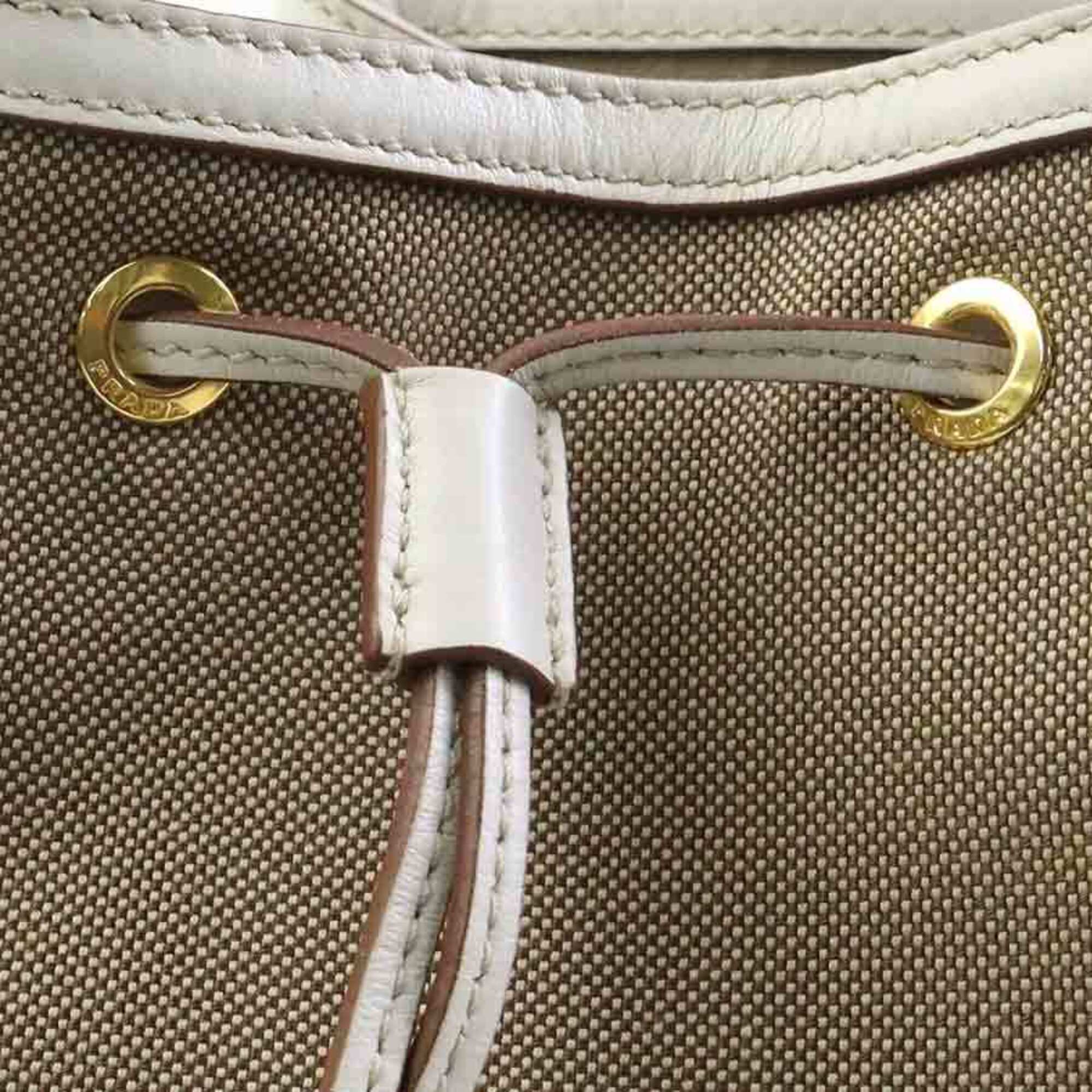 Prada Brown White Canvas Leather Handbag Shoulder Bag (Pre-Owned)