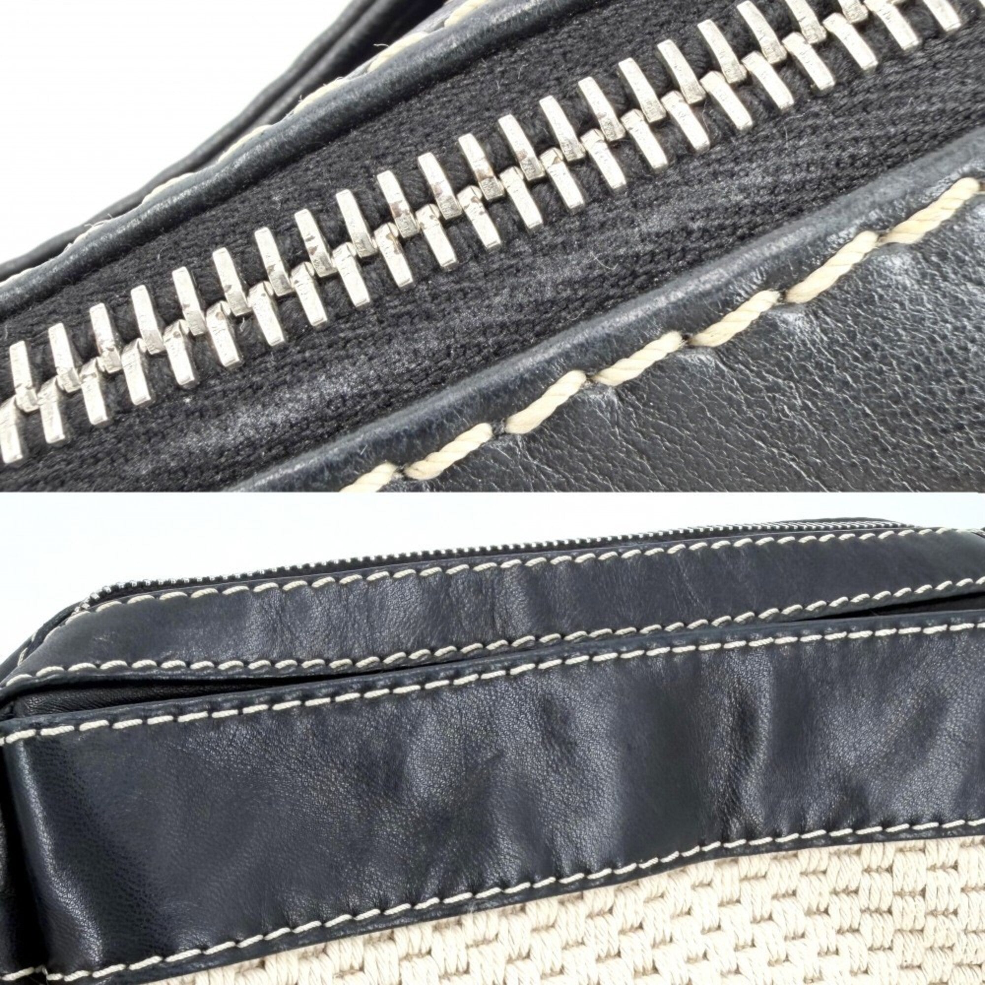 Chanel Beige Black Leather Canvas Handbag (Pre-Owned)