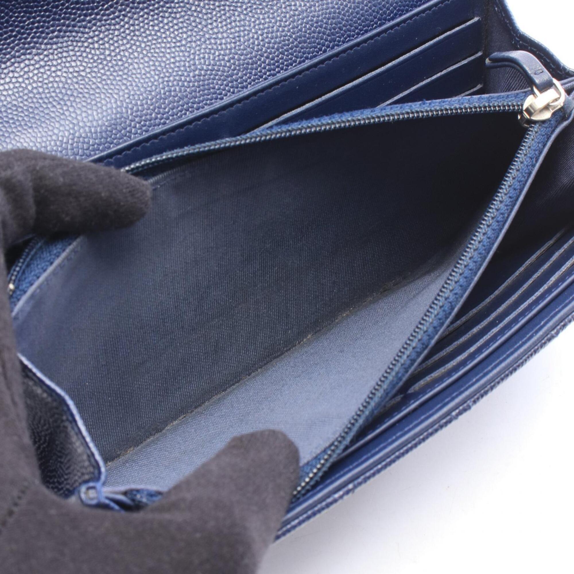 Chanel Navy Grained Calfskin Long Wallet (Bi-Fold) (Pre-Owned)