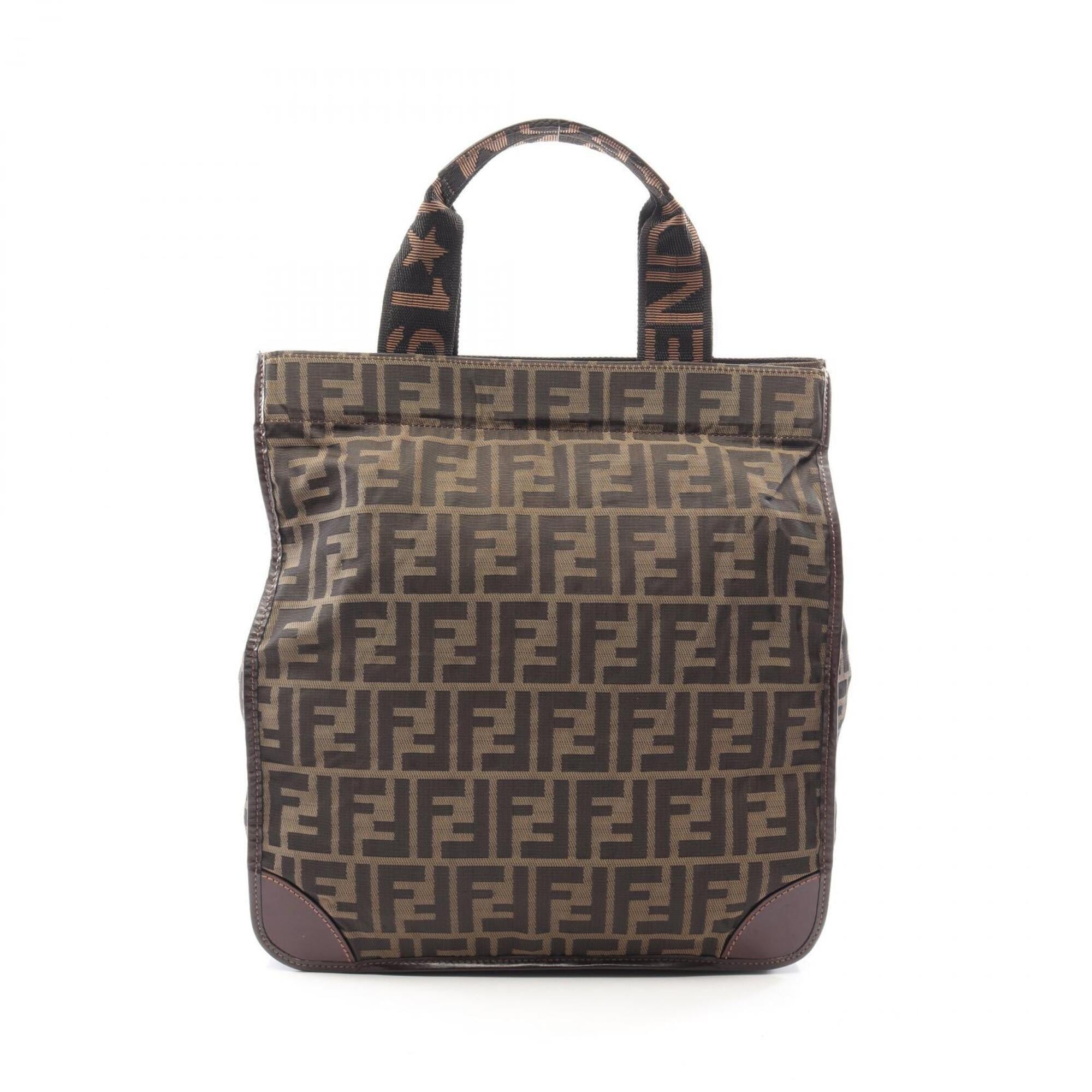 Fendi Brown Leather Canvas Handbag Tote Bag (Pre-Owned)